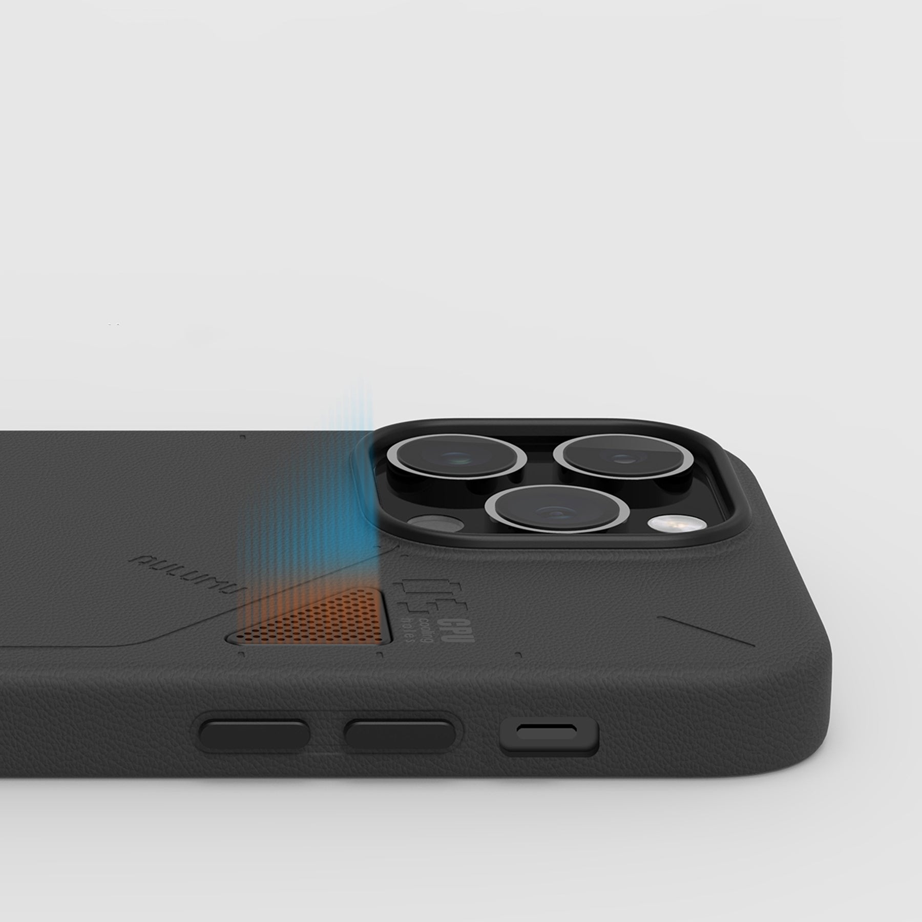 Macro shot of CPU cooling window on black AULUMU A05 vegan leather case for iPhone 14 Pro