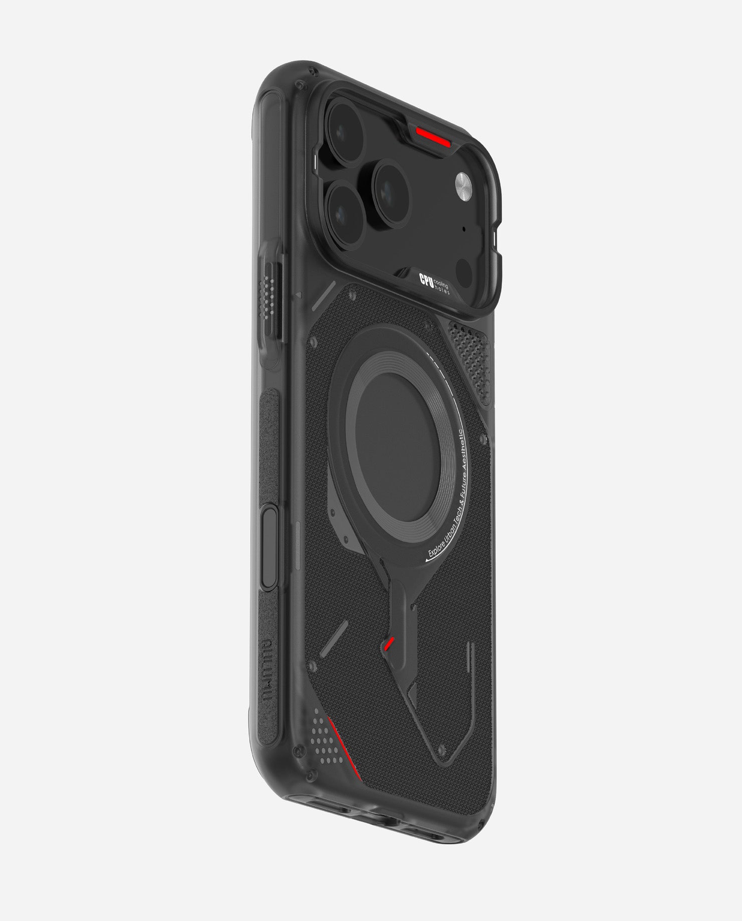 AULUMU A17 rugged outdoor case on iPhone 17 Pro / Pro Max with black camera color, three-quarter rear view