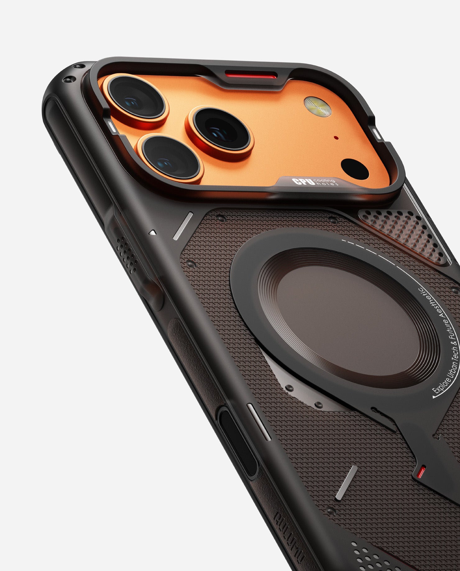 Angled side-and-back view of iPhone 17 Pro / Pro Max in AULUMU A17 rugged outdoor translucent gray case