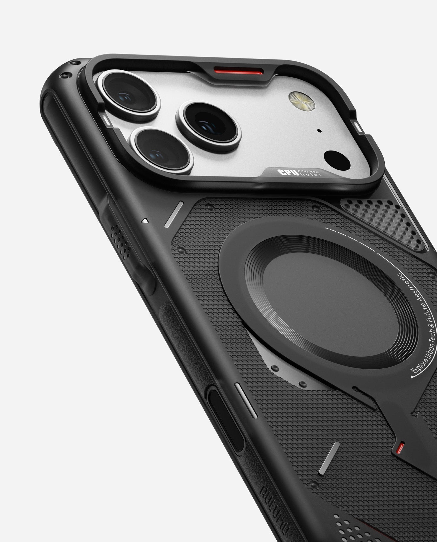 Angled close-up of AULUMU A17 rugged outdoor case showing raised camera frame and MagSafe ring on iPhone 17 Pro / Pro Max