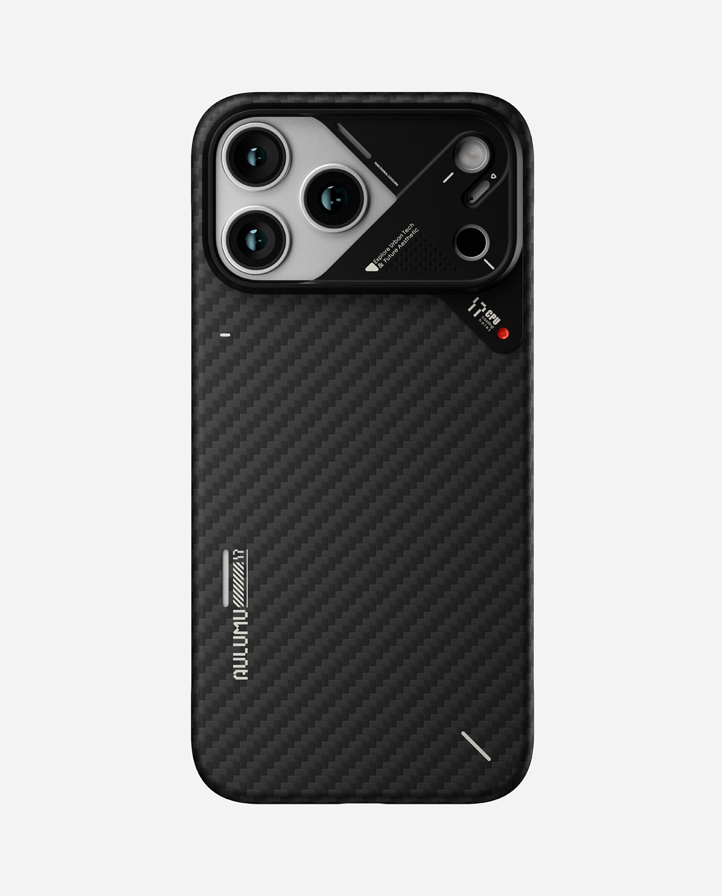 AULUMU A17 carbon fiber case for iPhone 17, featuring a slim woven aramid-style back panel and raised camera protection with a futuristic cooling-inspired design.