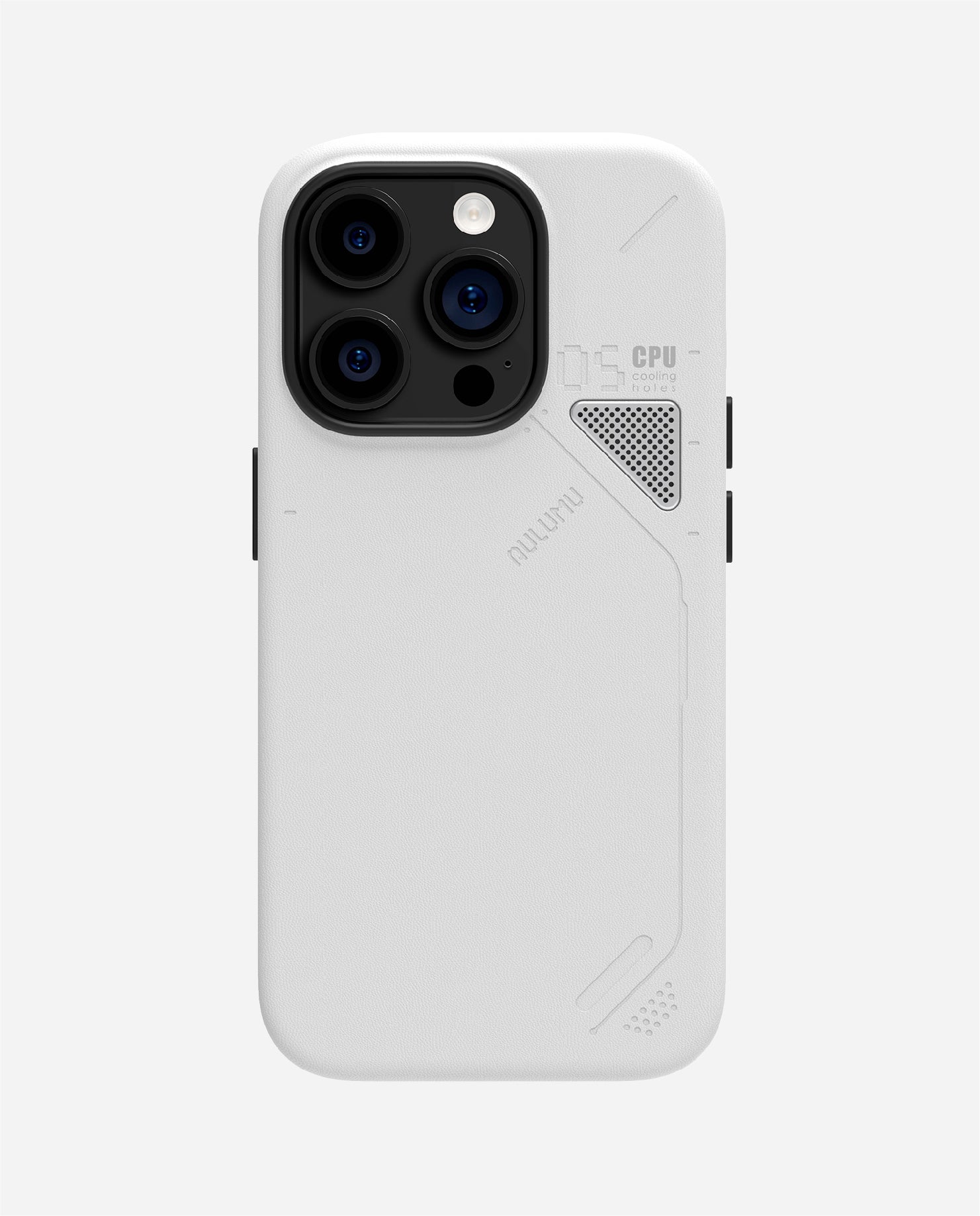 AULUMU A05 vegan leather case for iPhone 14 Pro in white with CPU cooling window and MagSafe-ready back
