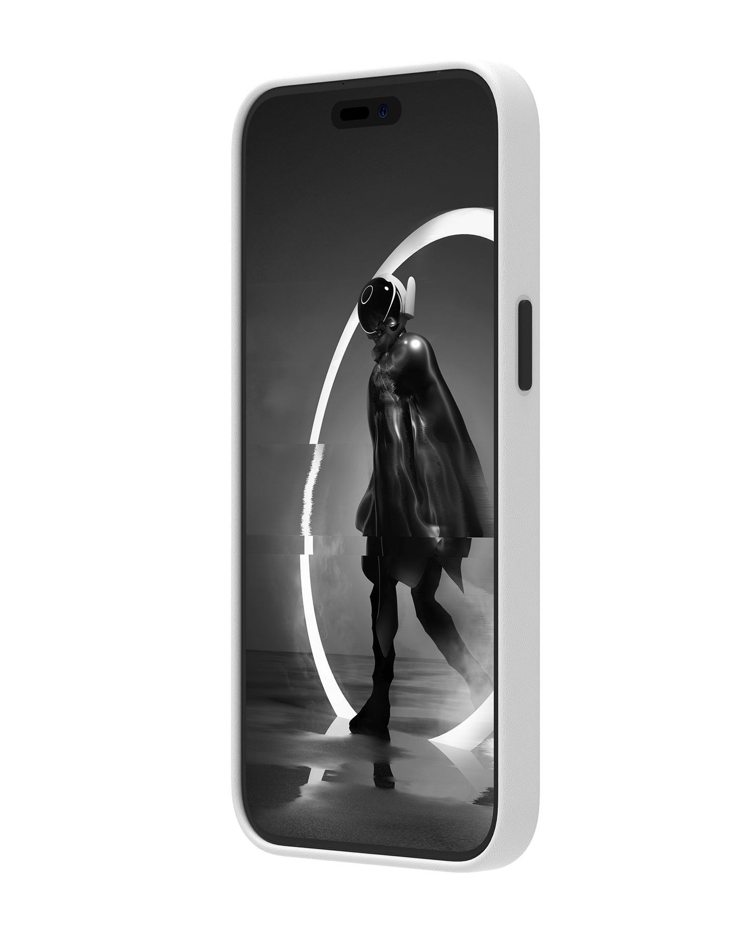 Front view of white AULUMU A05 vegan leather case for iPhone 14 Pro with monochrome futuristic artwork