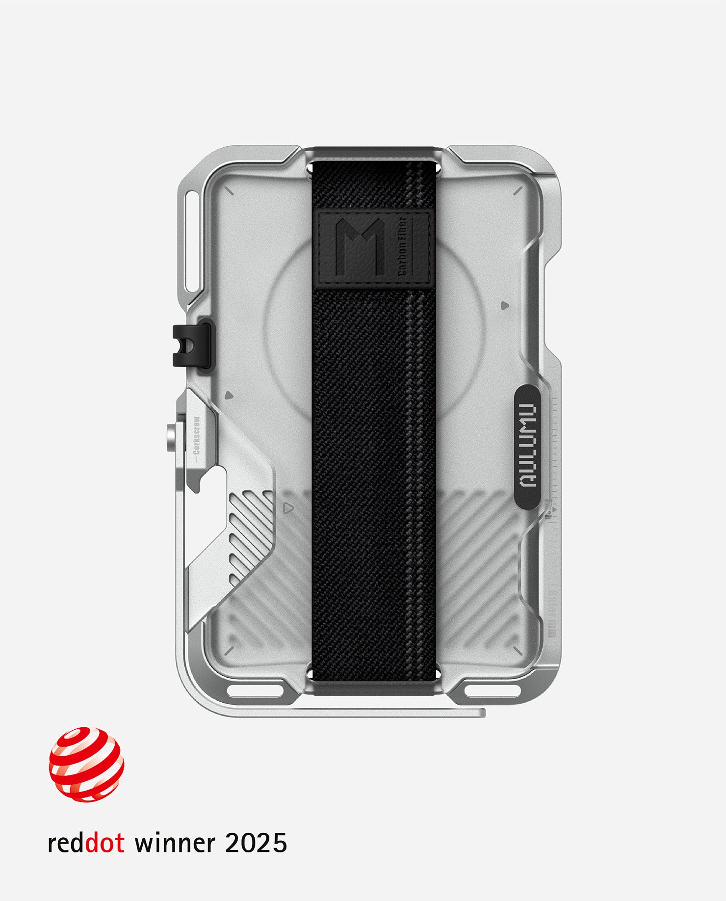 Front view of silver AULUMU G03 frosted magnetic wallet with black strap and Red Dot Award 2025 logo