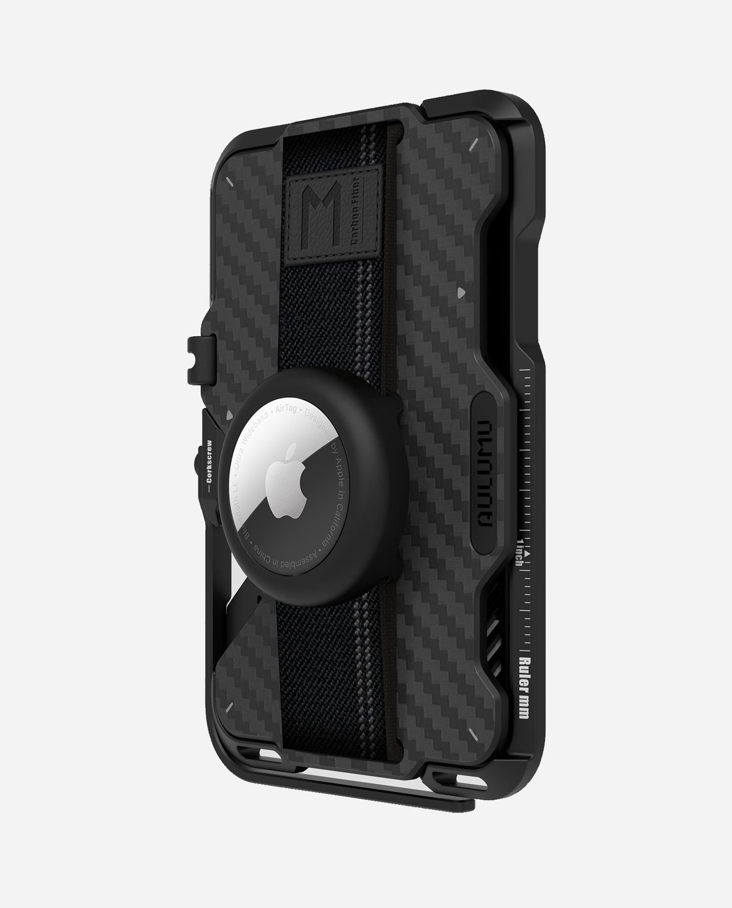 Angled view of AULUMU G03 carbon fiber metal wallet with AirTag installed on the elastic strap