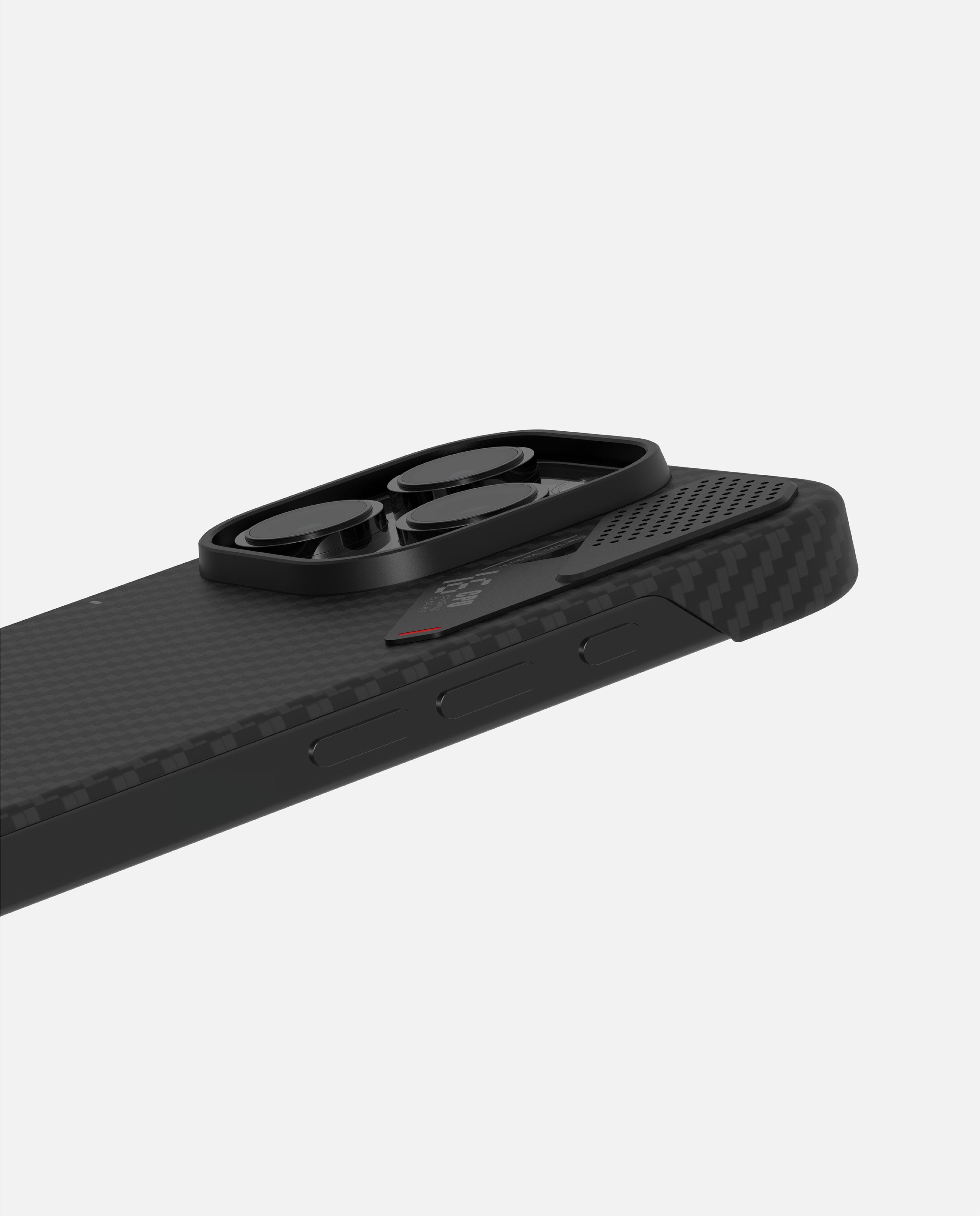 AULUMU A16 aramid fiber case for iPhone 16 Pro, angled rear view highlighting slim back cover