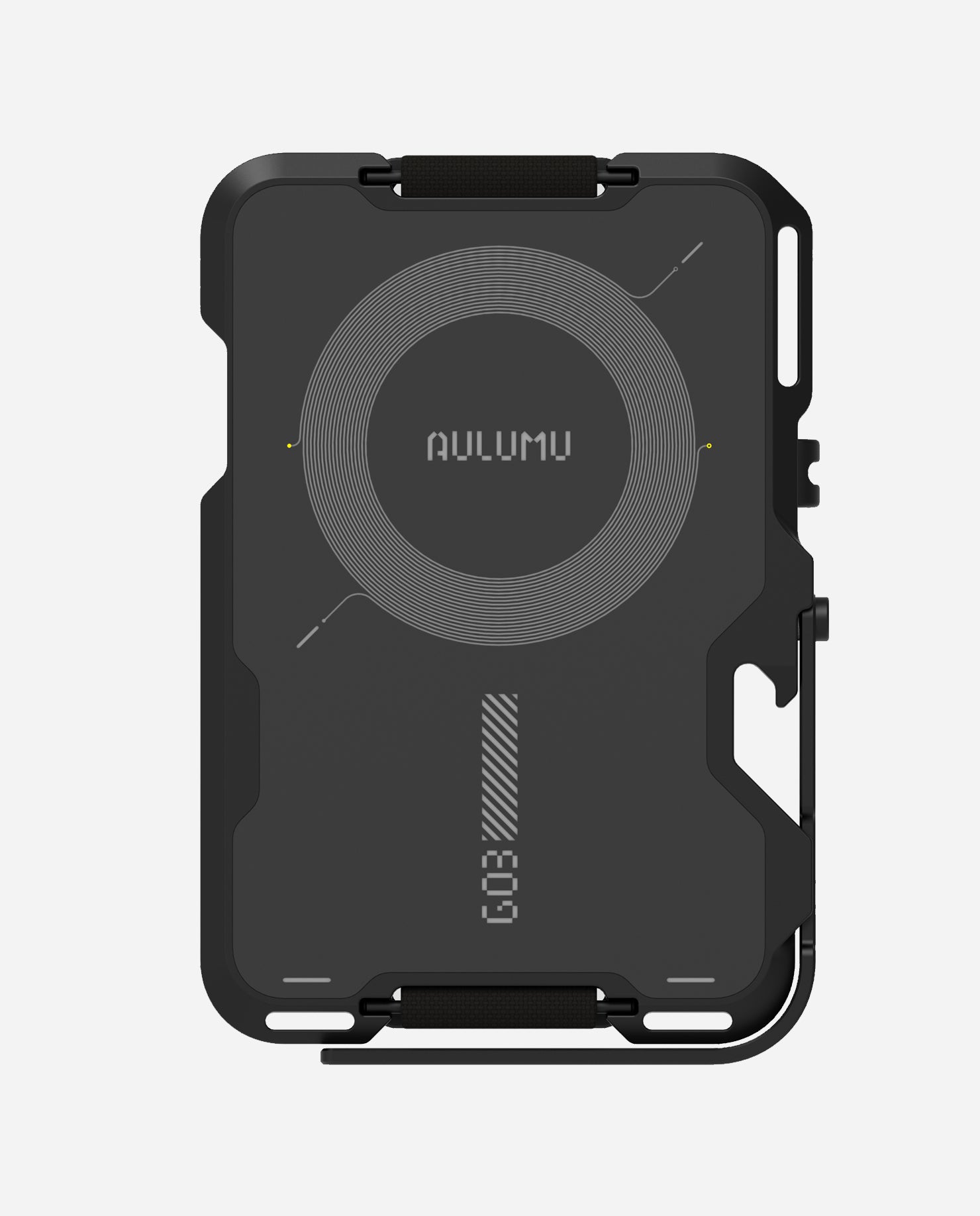 Back view of AULUMU G03 MagSafe wallet showing concentric magnetic ring and AULUMU logo