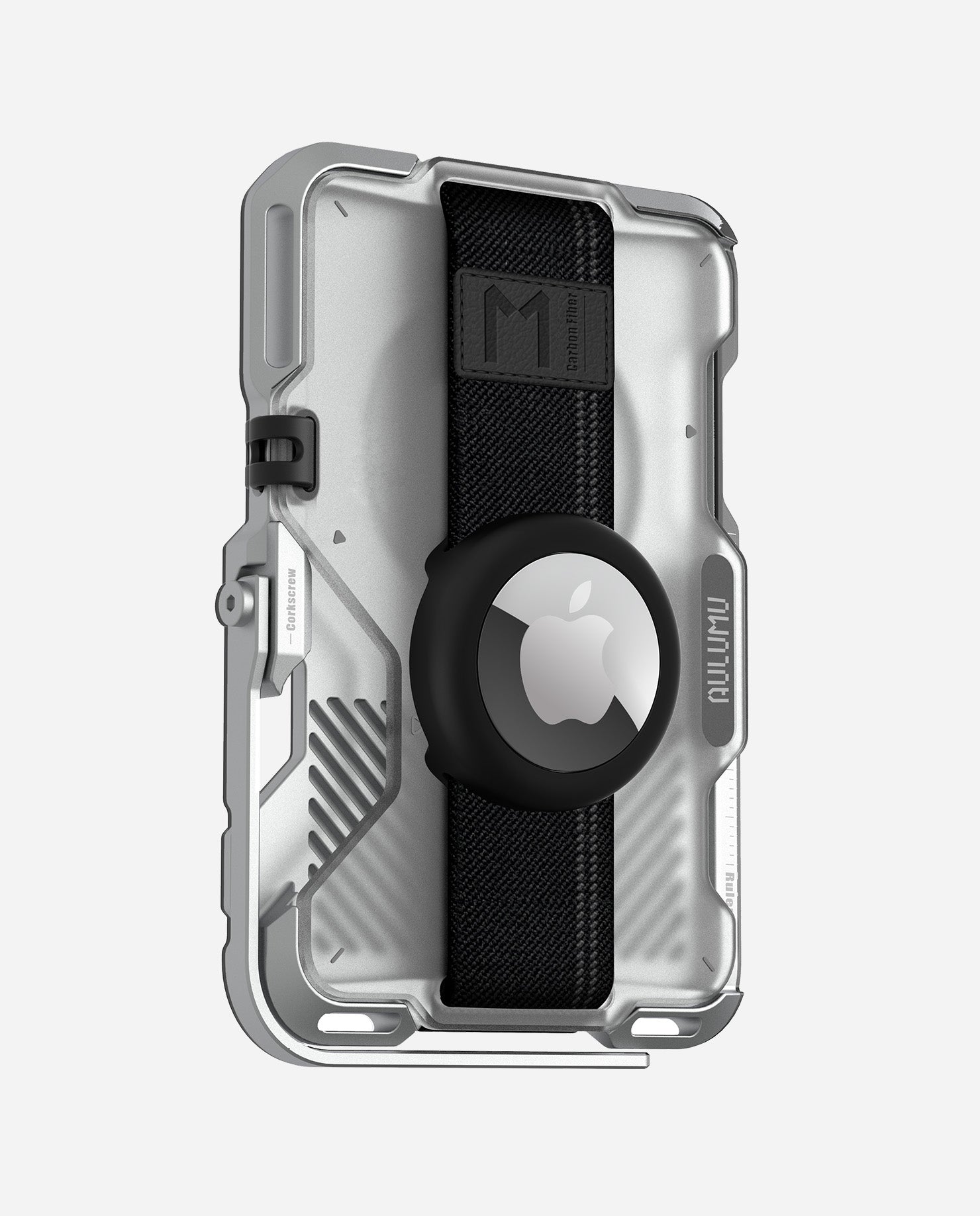 Silver AULUMU G03 wallet with removable AirTag holder centered on the woven strap