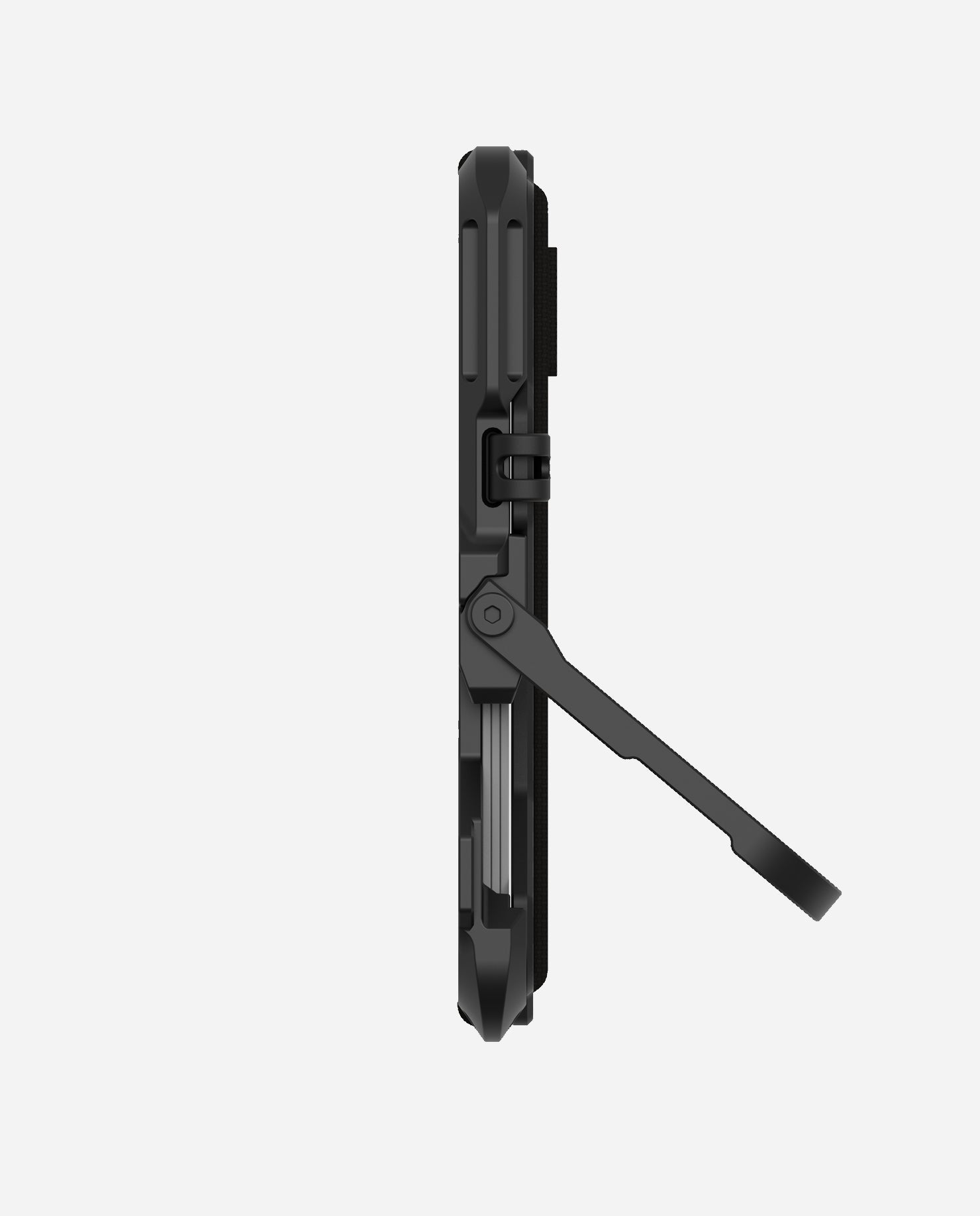 Side profile of the AULUMU G03 carbon fiber wallet with stainless steel phone kickstand extended