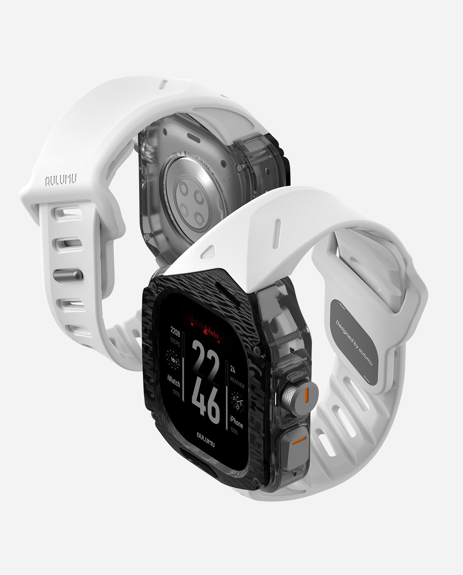 Pair of AULUMU A01 carbon fiber Apple Watch Ultra cases with white FKM bands, front and back views.