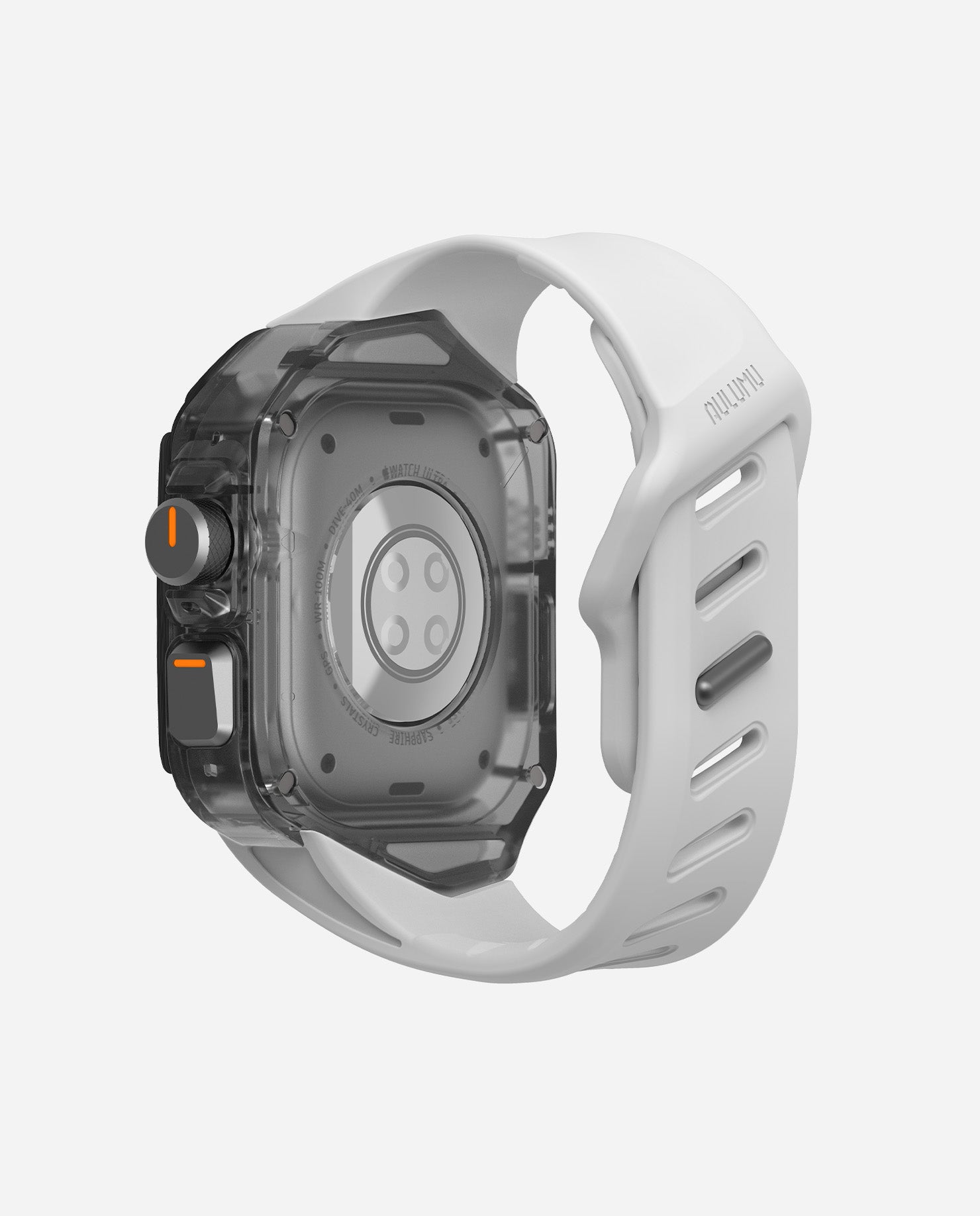 Back view of AULUMU A01 carbon fiber case with white FKM band on Apple Watch Ultra, exposing sensors.