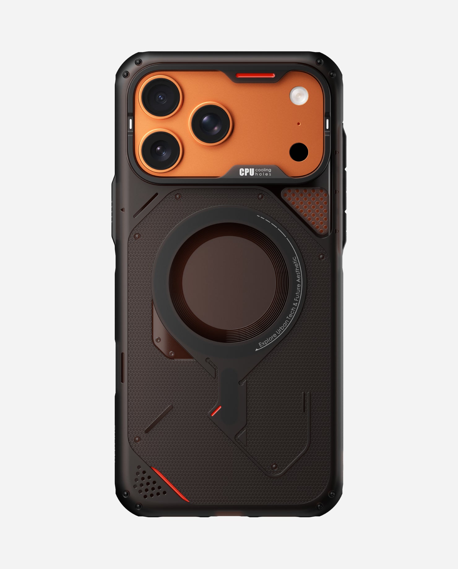 Front-on rear view of AULUMU A17 rugged outdoor MagSafe case in translucent gray on orange iPhone 17 Pro / Pro Max back
