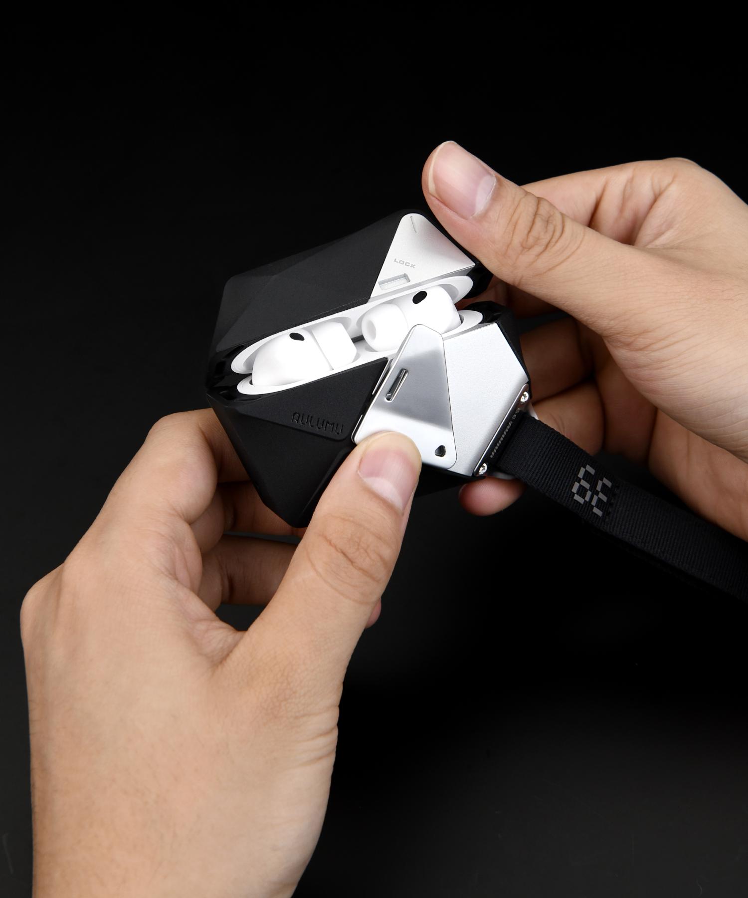 AULUMU A39 geometric case for AirPods Pro 3 with a zinc alloy lock and detachable lanyard.