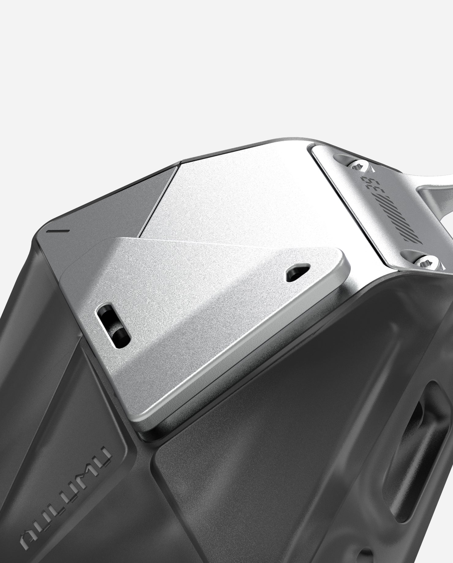 Close-up of the AULUMU A39 geometric AirPods Pro 3 case showing the metal top plate and TPU shell texture