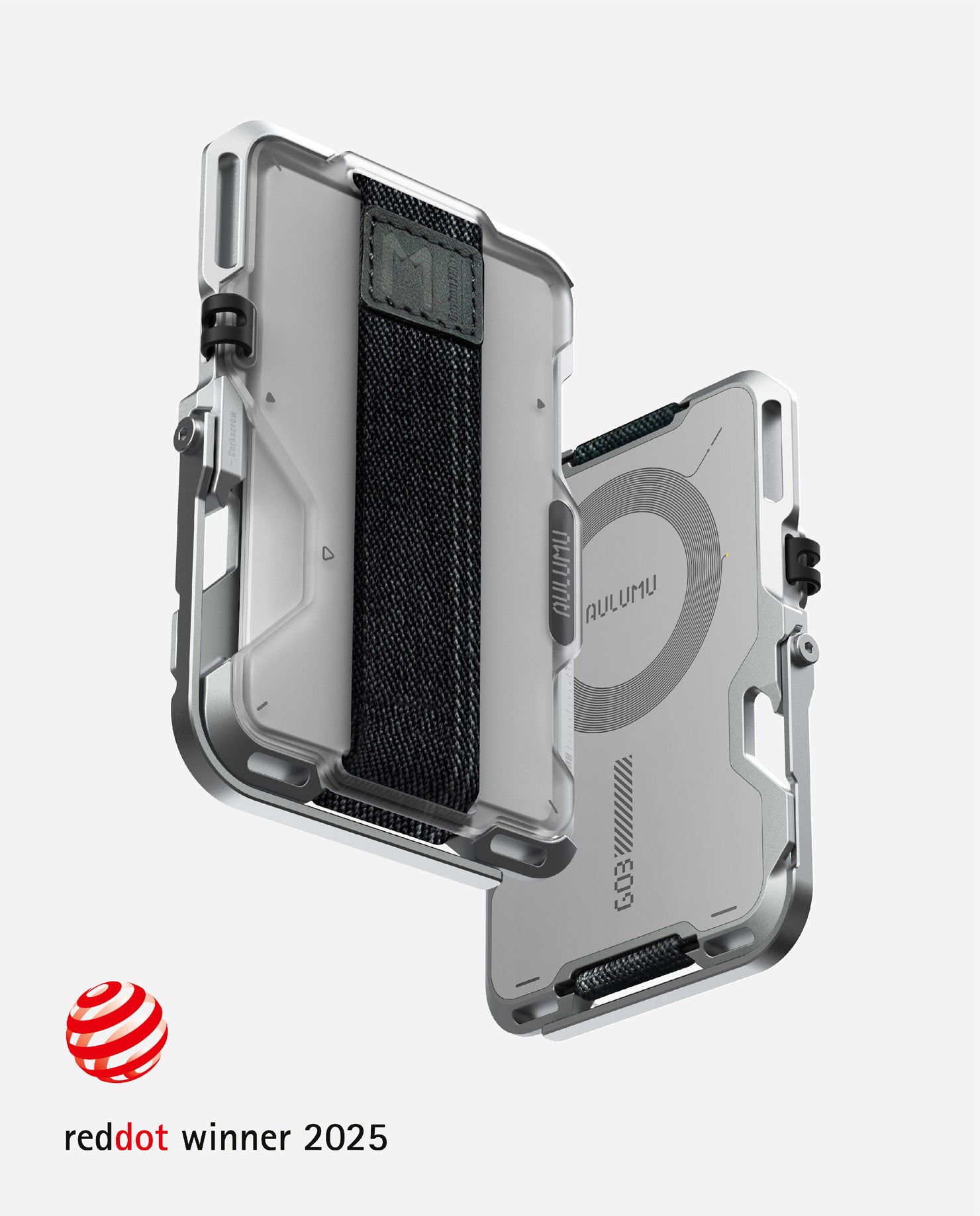 Front and back of silver AULUMU G03 magnetic metal wallet with frosted cover and elastic strap