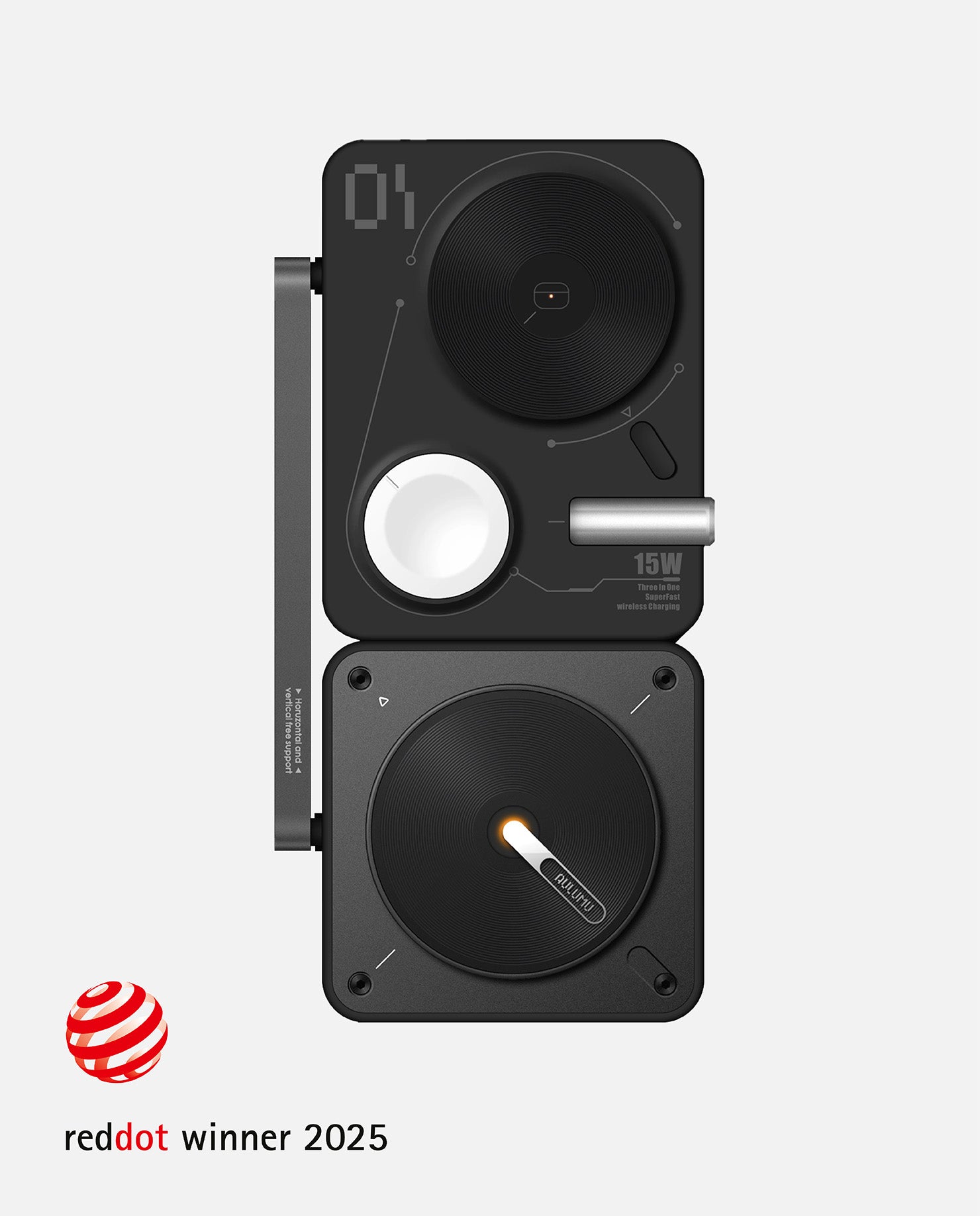 AULUMU M01 adjustable MagSafe charging stand with integrated 15 W wireless charging pad.