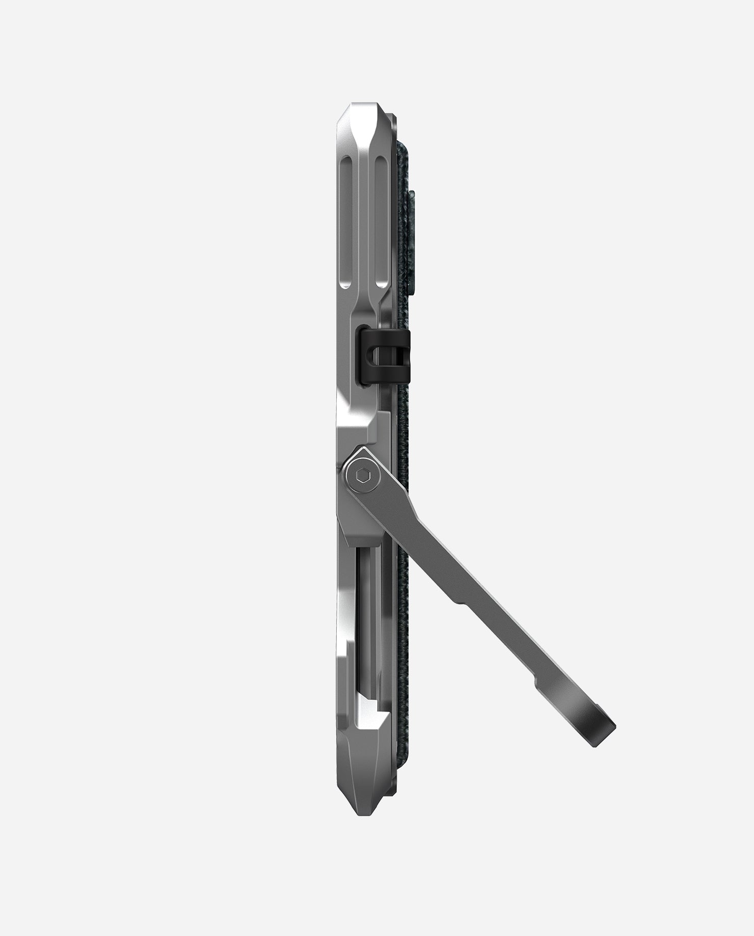 Side profile of silver AULUMU G03 wallet showing the extended stainless steel kickstand arm