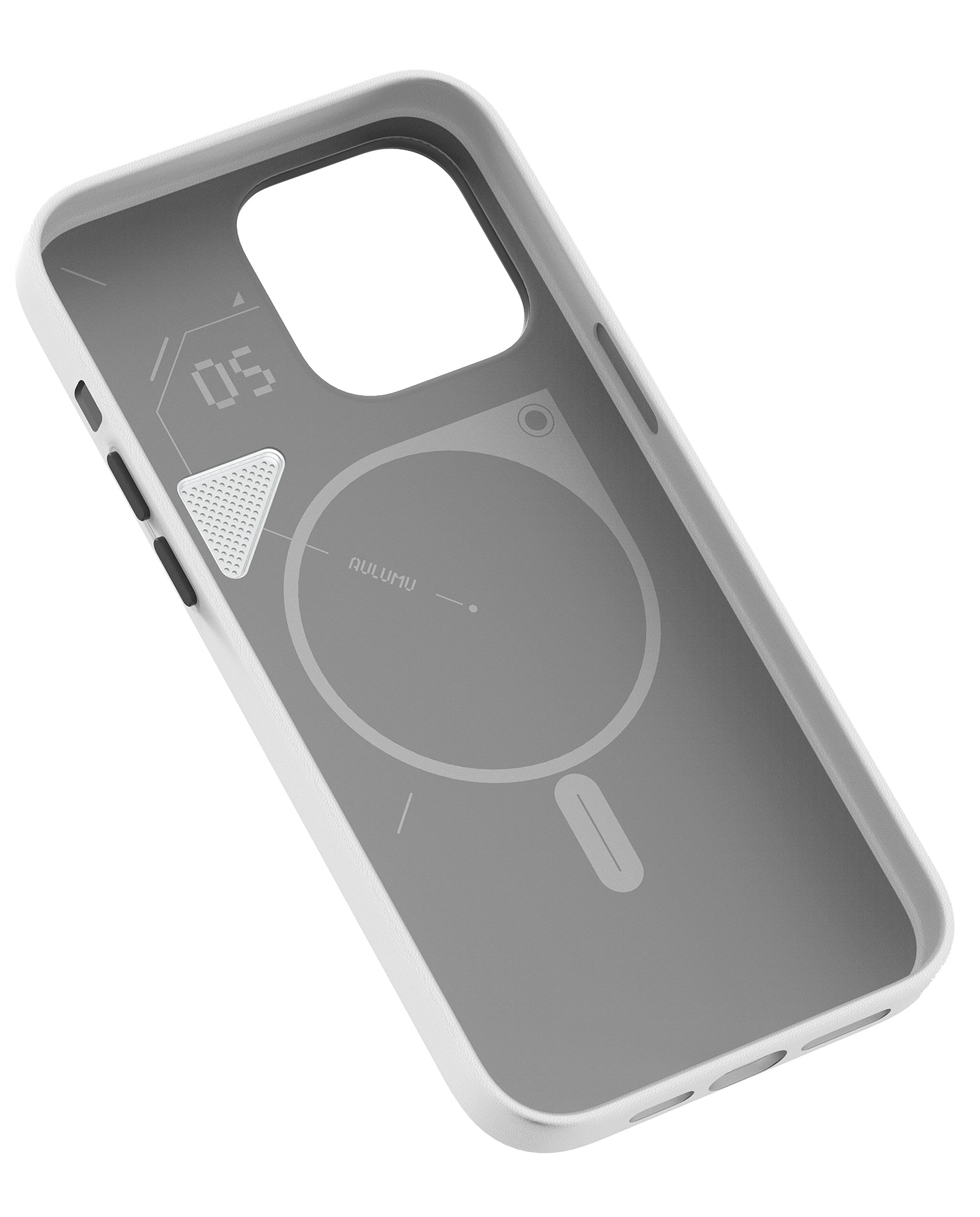 Inside view of AULUMU A05 vegan leather case for iPhone 14 Pro showing MagSafe ring and inner graphic layout
