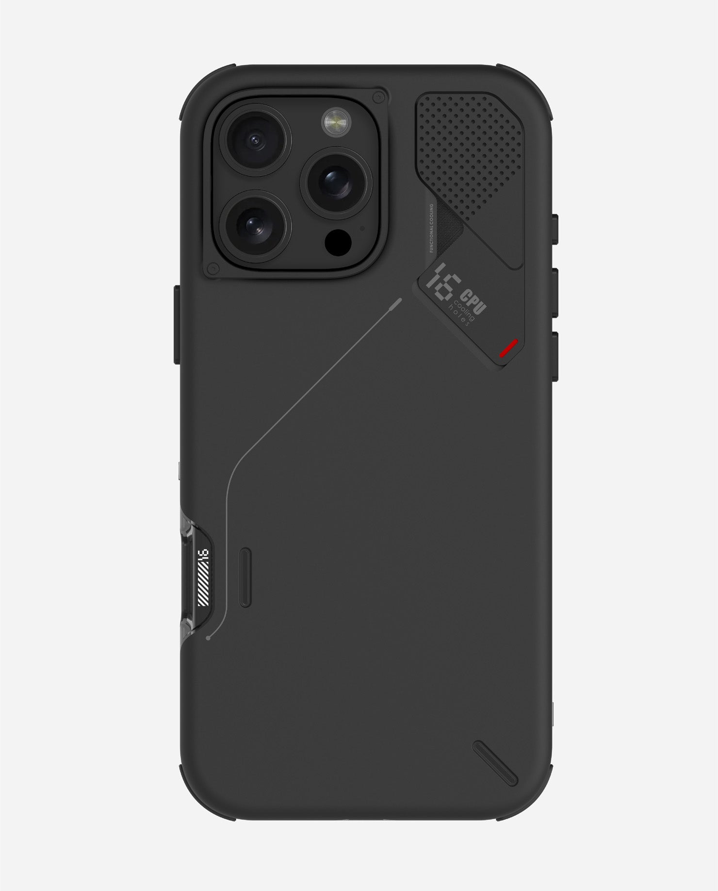 Back view of black AULUMU A16 slim shockproof case with cooling vent and camera protection for iPhone 16 Pro