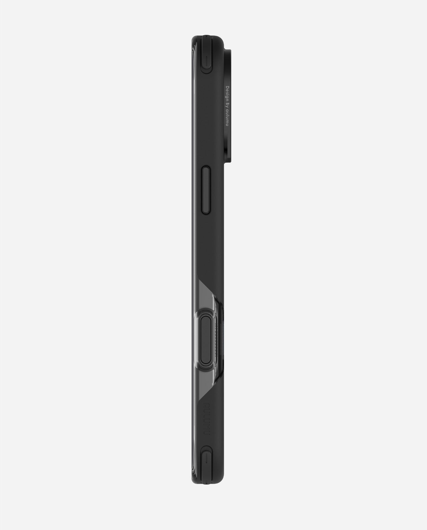 Side view of black AULUMU A16 slim shockproof case for iPhone 16 Pro showing raised camera frame