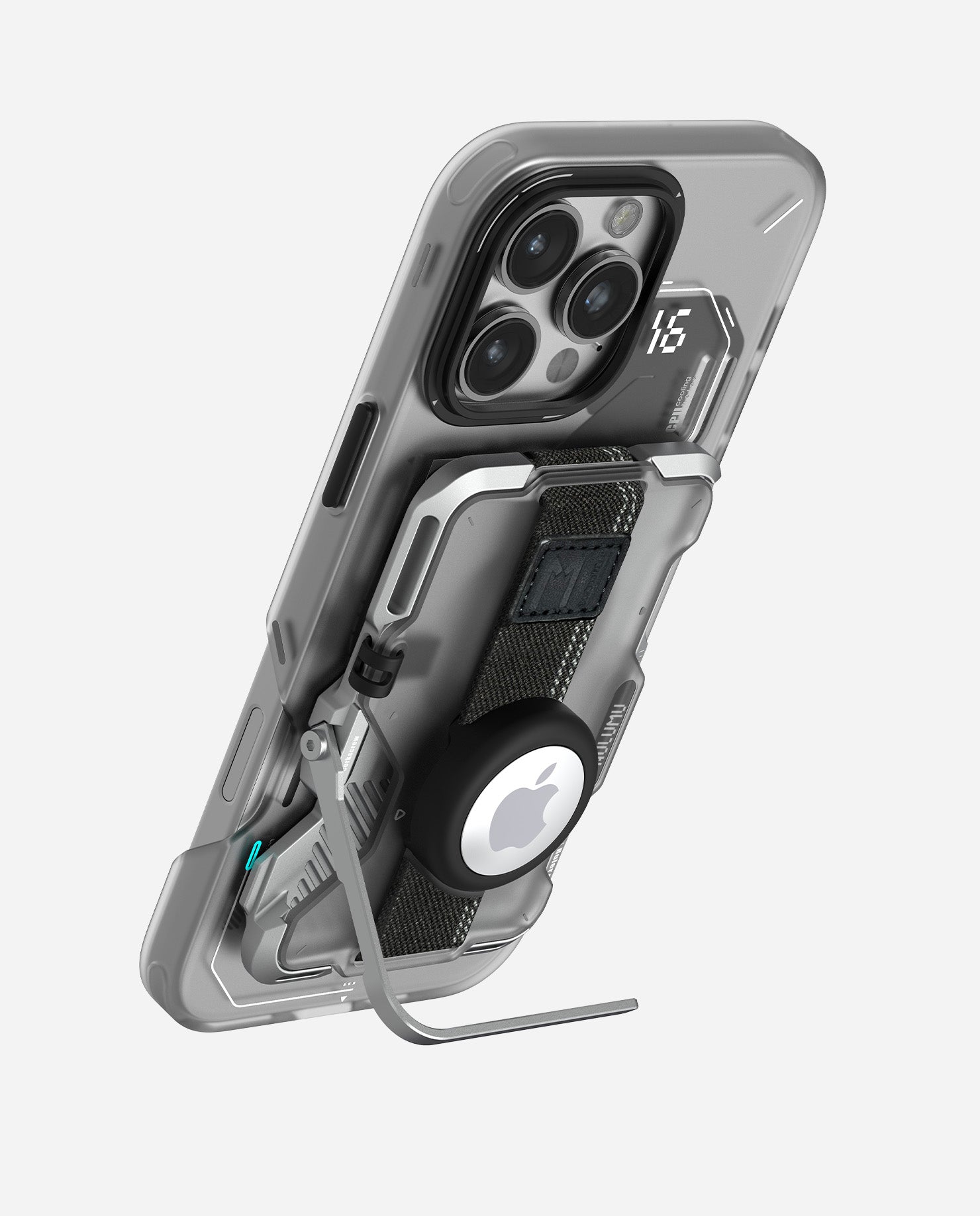 Rear three-quarter view of iPhone supported by AULUMU G03 wallet in kickstand mode