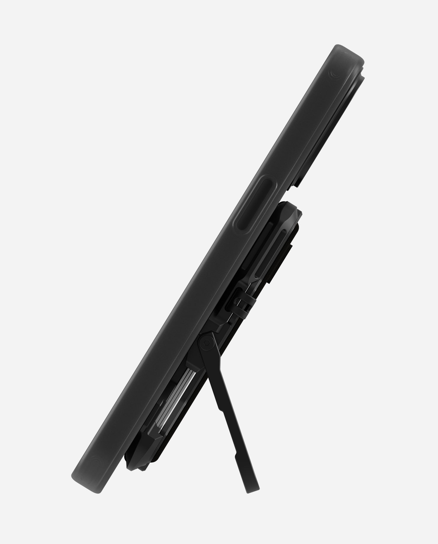 iPhone standing in landscape mode supported by the AULUMU G03 MagSafe wallet kickstand