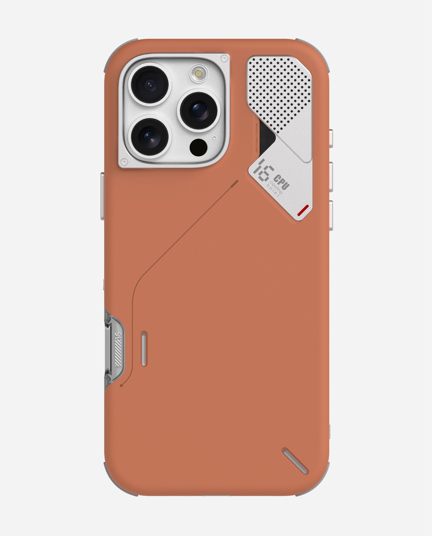Close-up of orange AULUMU A16 slim shockproof case showing Camera Control Cover for iPhone 16 Pro