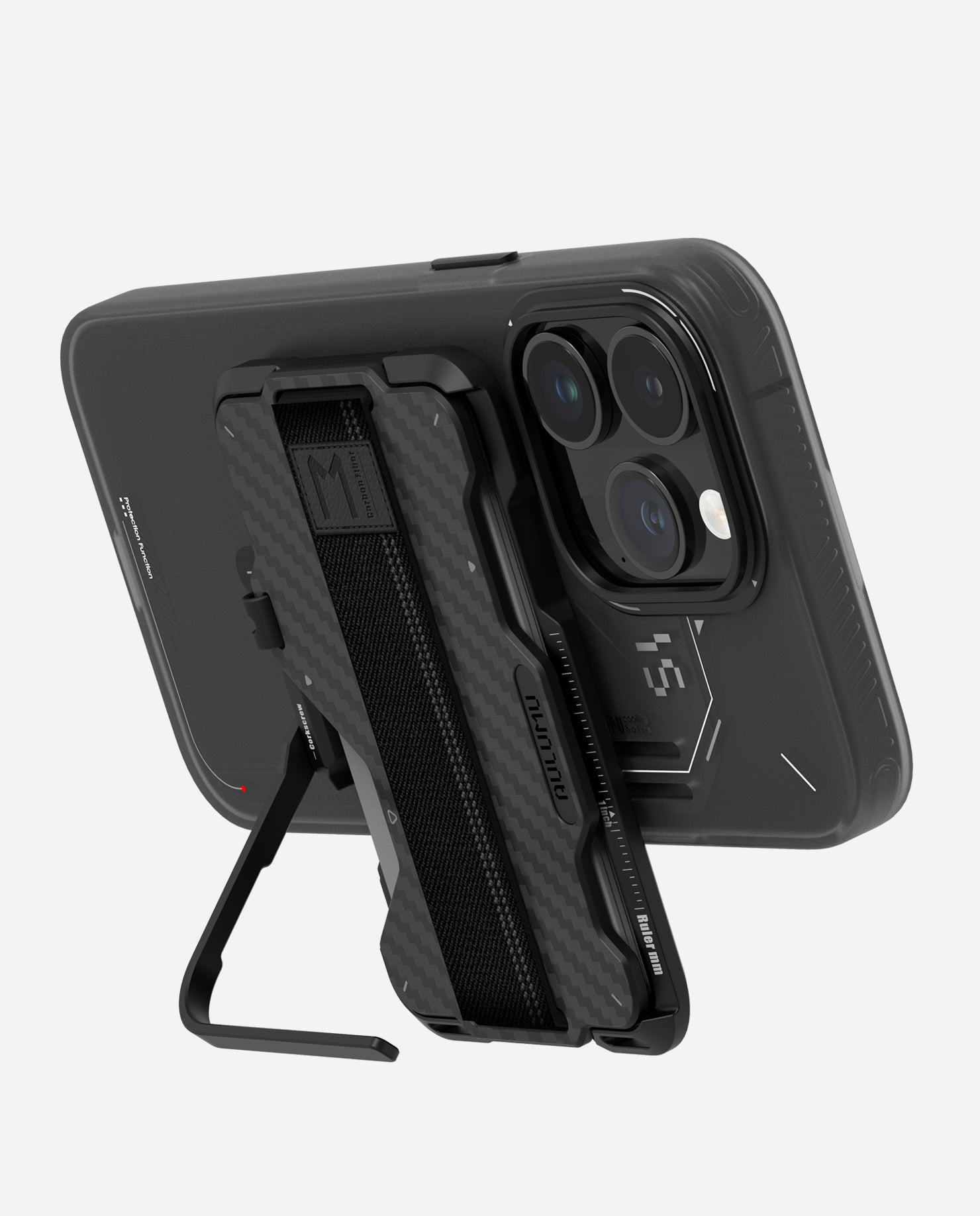 AULUMU G03 carbon fiber MagSafe wallet used as a horizontal stand on the back of an iPhone
