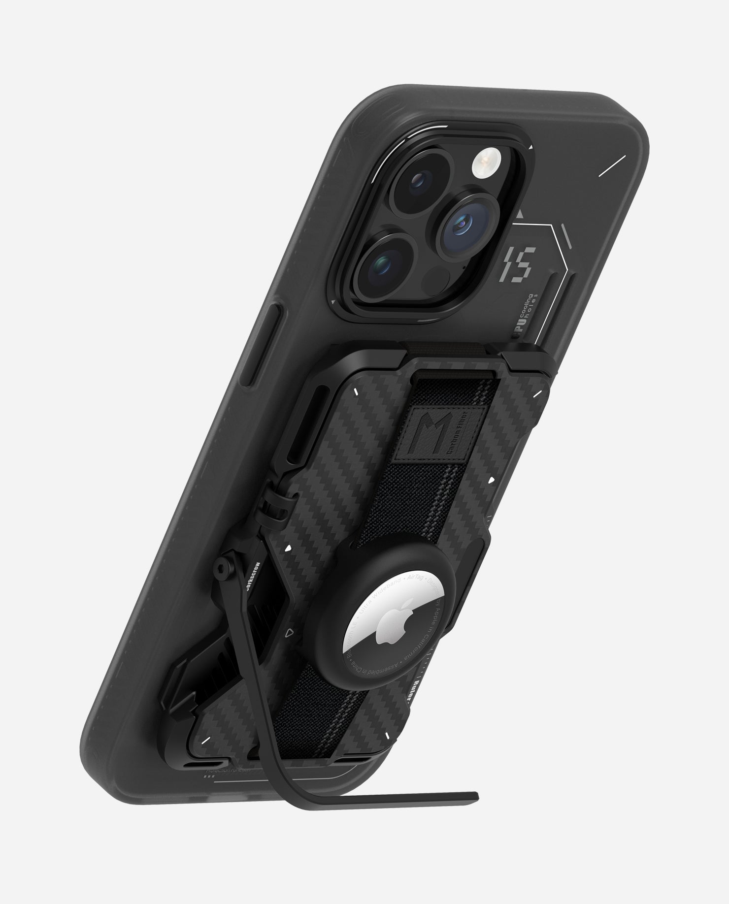 iPhone in angled view with AULUMU G03 carbon fiber wallet, AirTag holder and kickstand extended