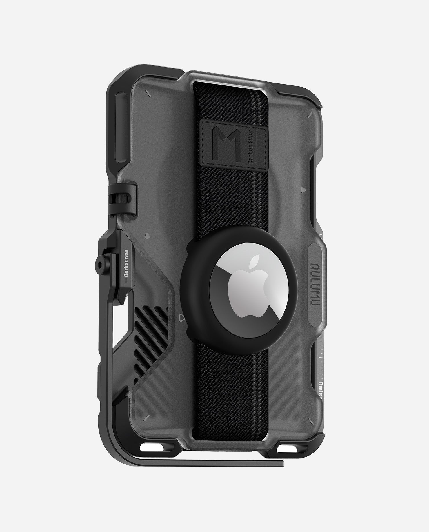 AULUMU G03 magnetic wallet in black with removable AirTag holder mounted on the elastic strap