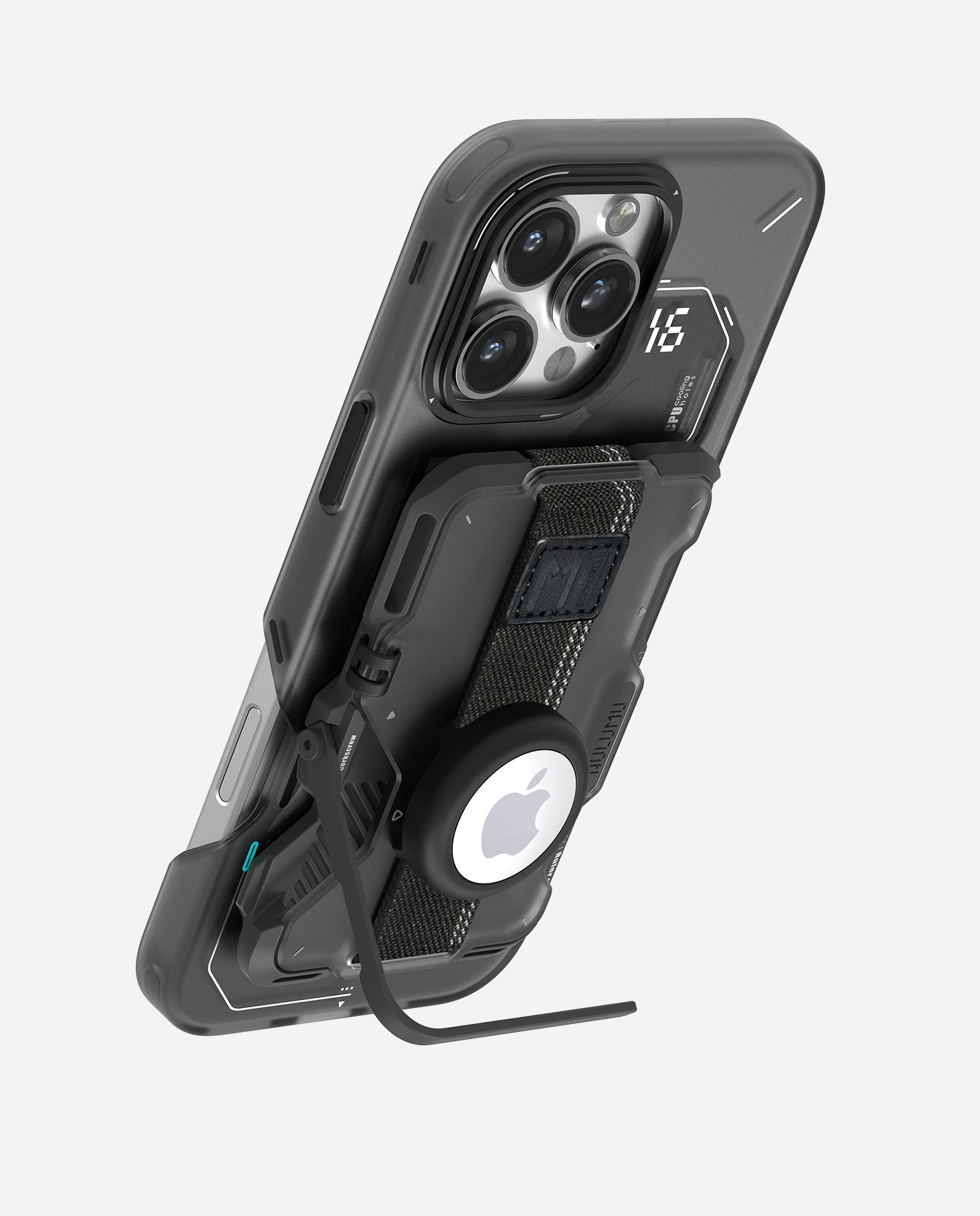 iPhone standing at a viewing angle with AULUMU G03 wallet, AirTag holder and kickstand engaged