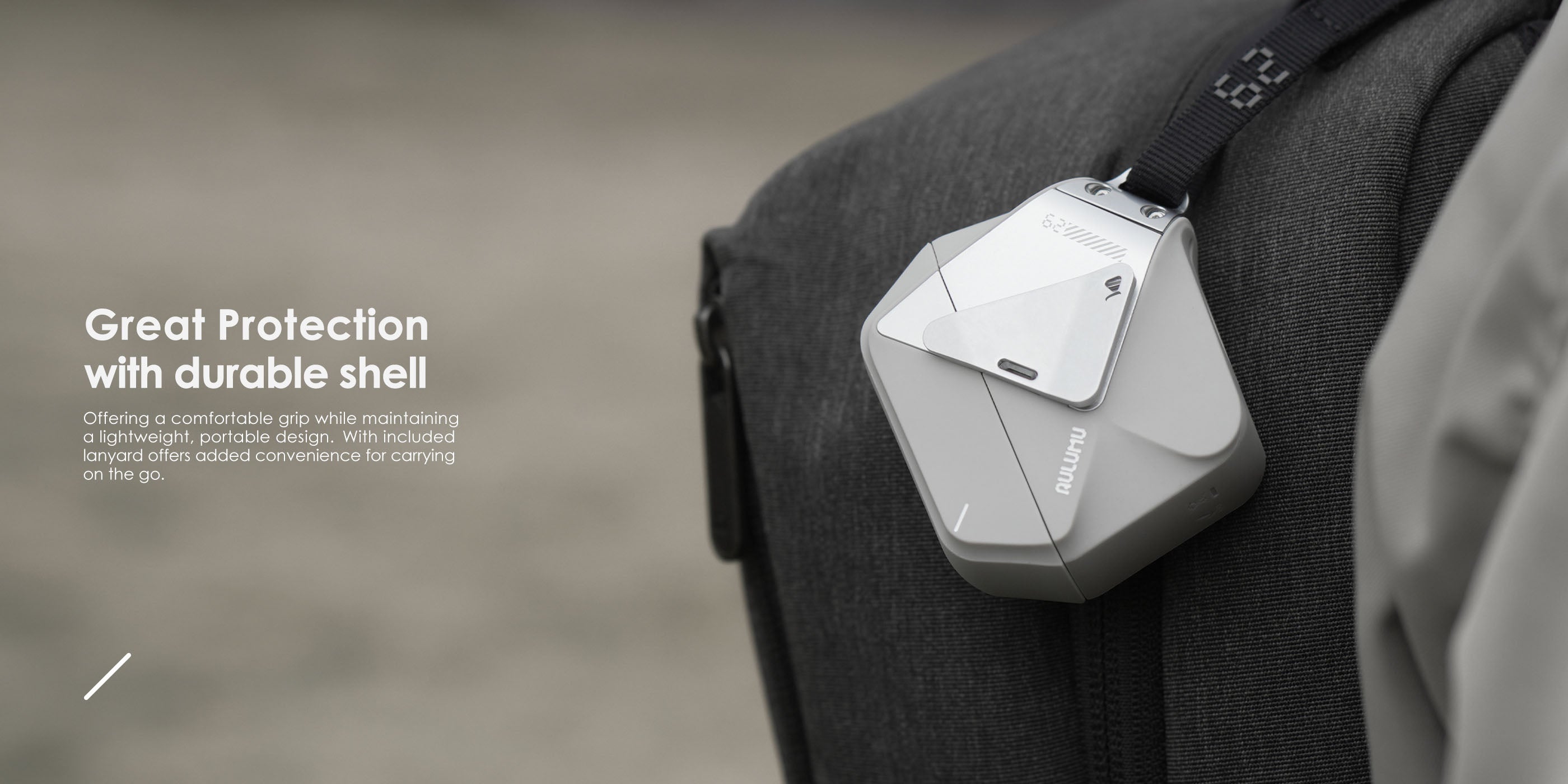 AULUMU A29 Geometric Case for AirPods 4 clipped to a backpack strap with lock and lanyard, showing durable shell protection.