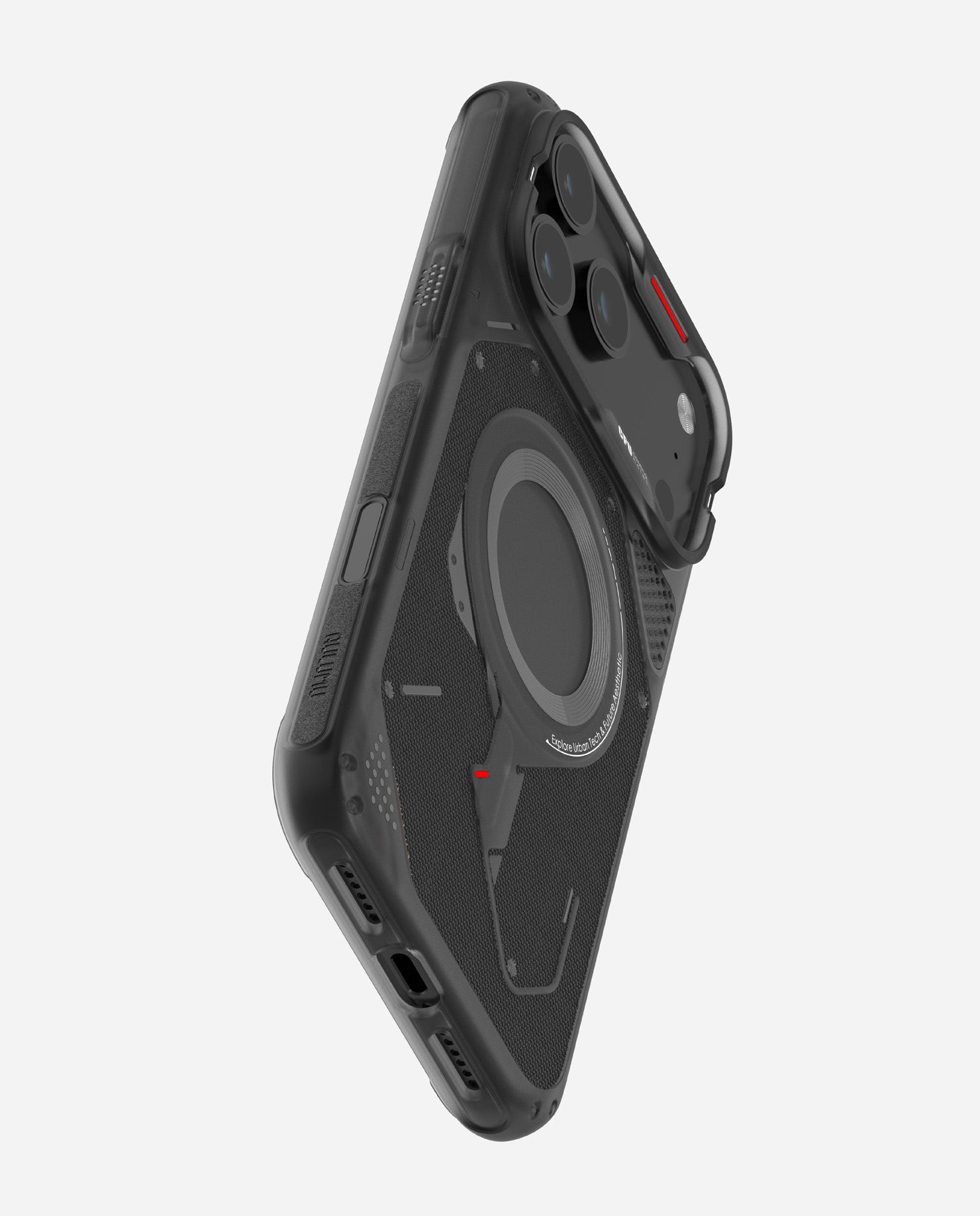 AULUMU A17 rugged outdoor case viewed from the bottom corner showing USB-C cutout and speaker openings