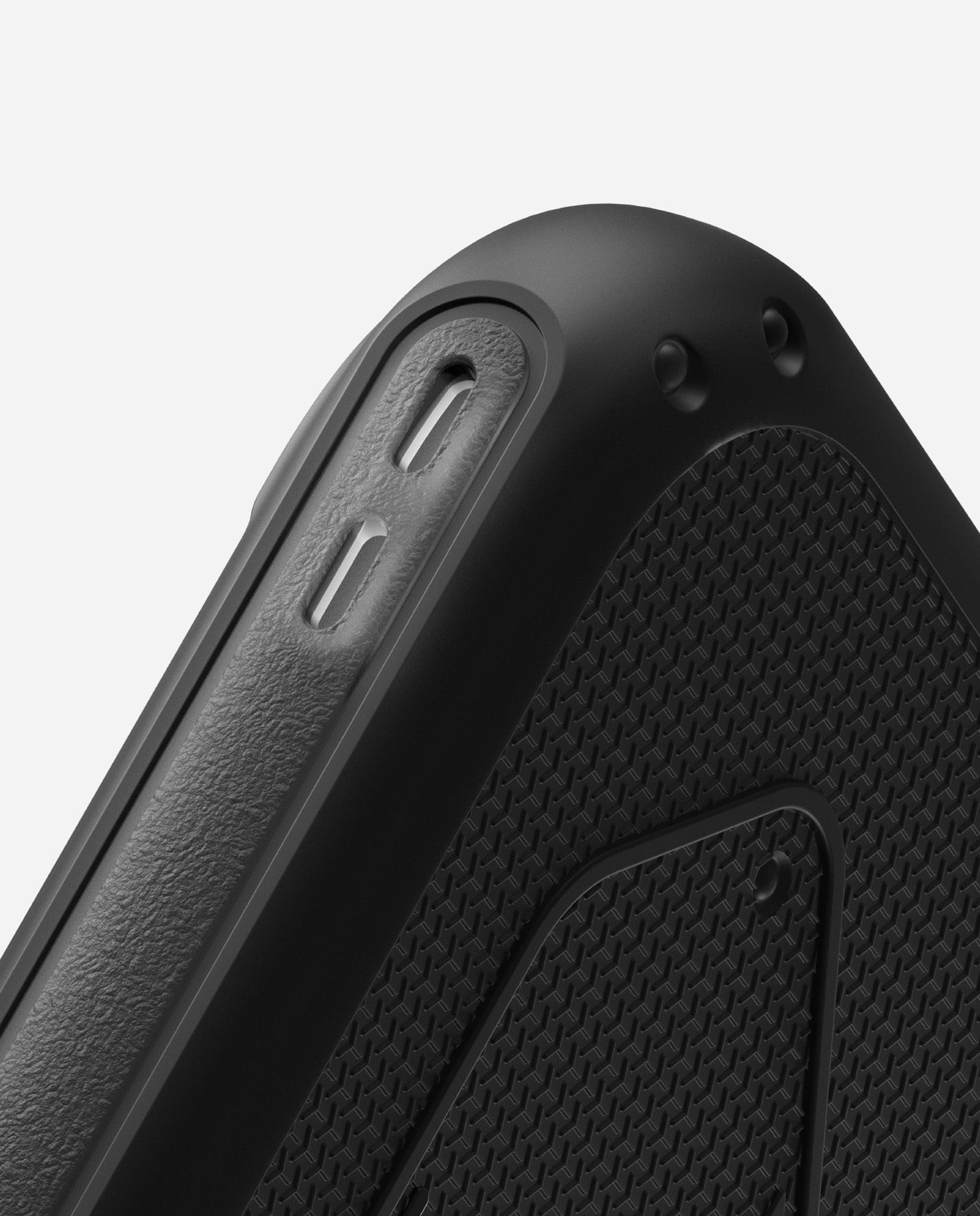 Corner close-up of AULUMU A17 rugged outdoor case showing lanyard holes and textured TPU back