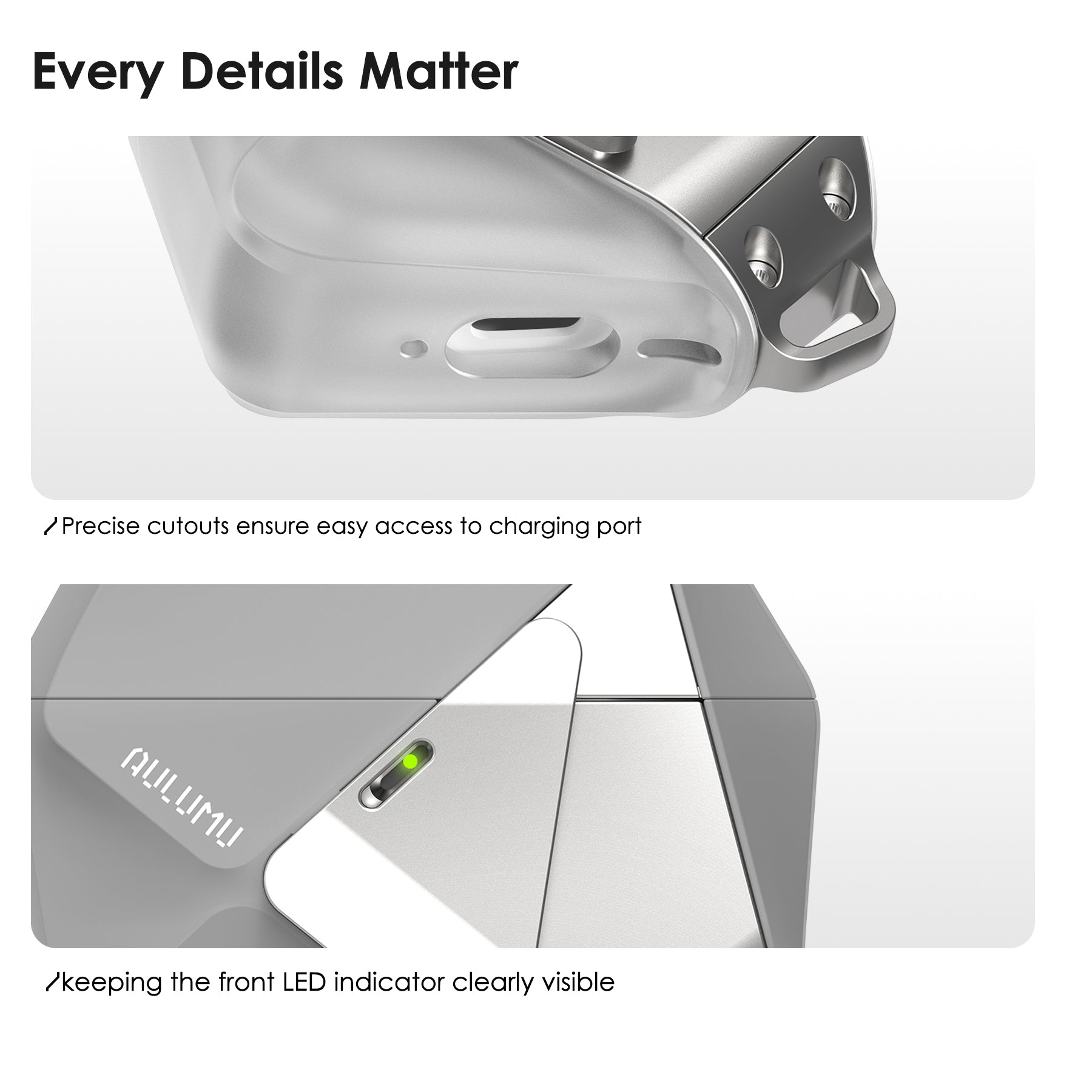 Detail views of AULUMU A29 geometric case for AirPods 4 with precise charging port cutout and clearly visible front LED indicator