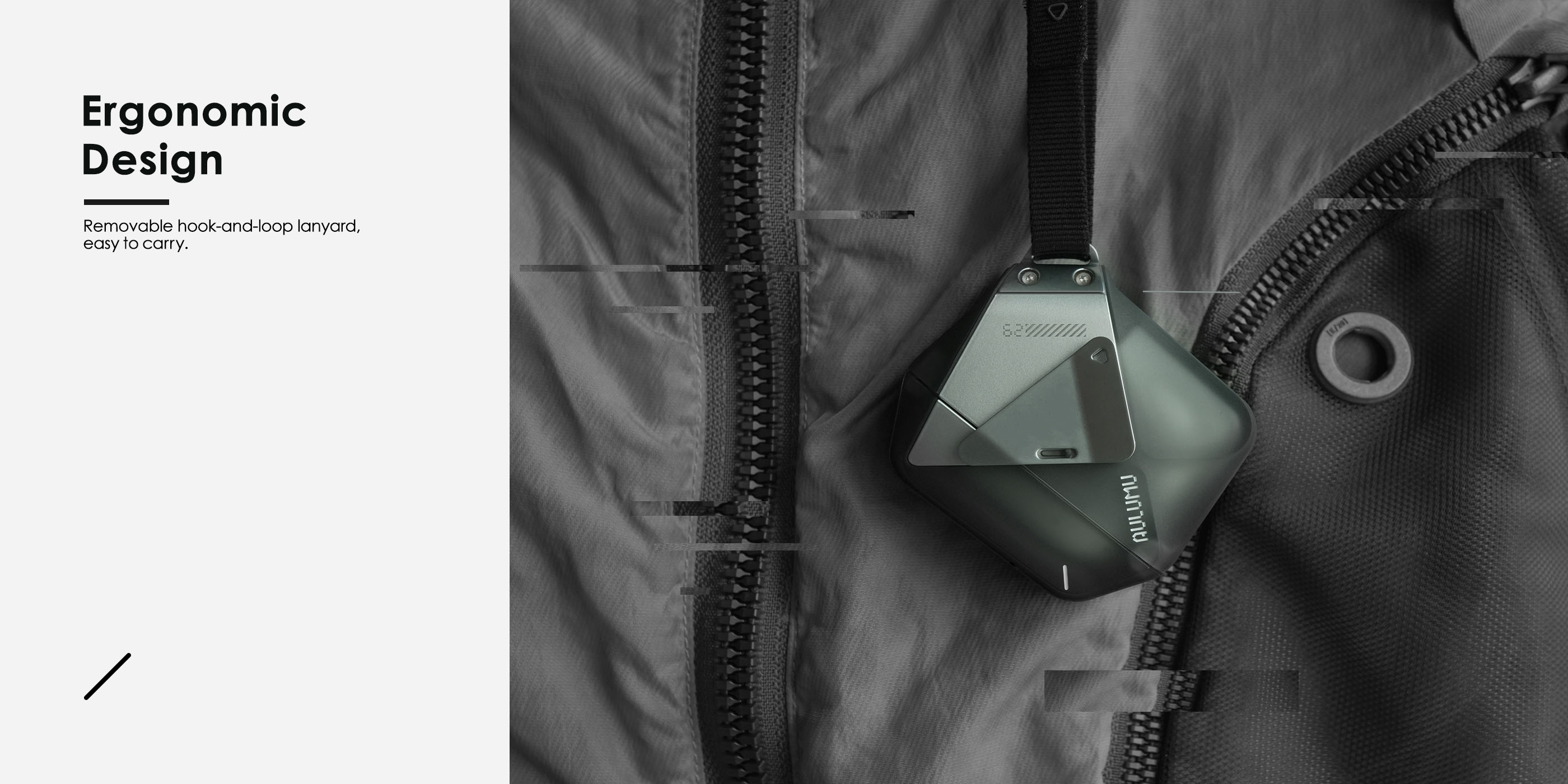 AULUMU A29 geometric case for AirPods 4 hanging from a jacket with removable hook-and-loop lanyard, ergonomic for everyday carry