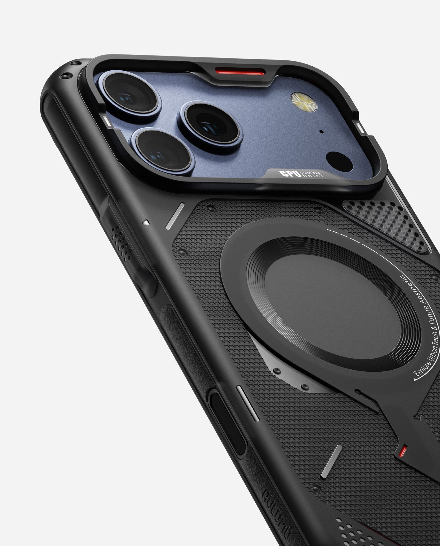 Angled close-up of AULUMU A17 rugged outdoor case paired with blue camera color on iPhone 17 Pro / Pro Max