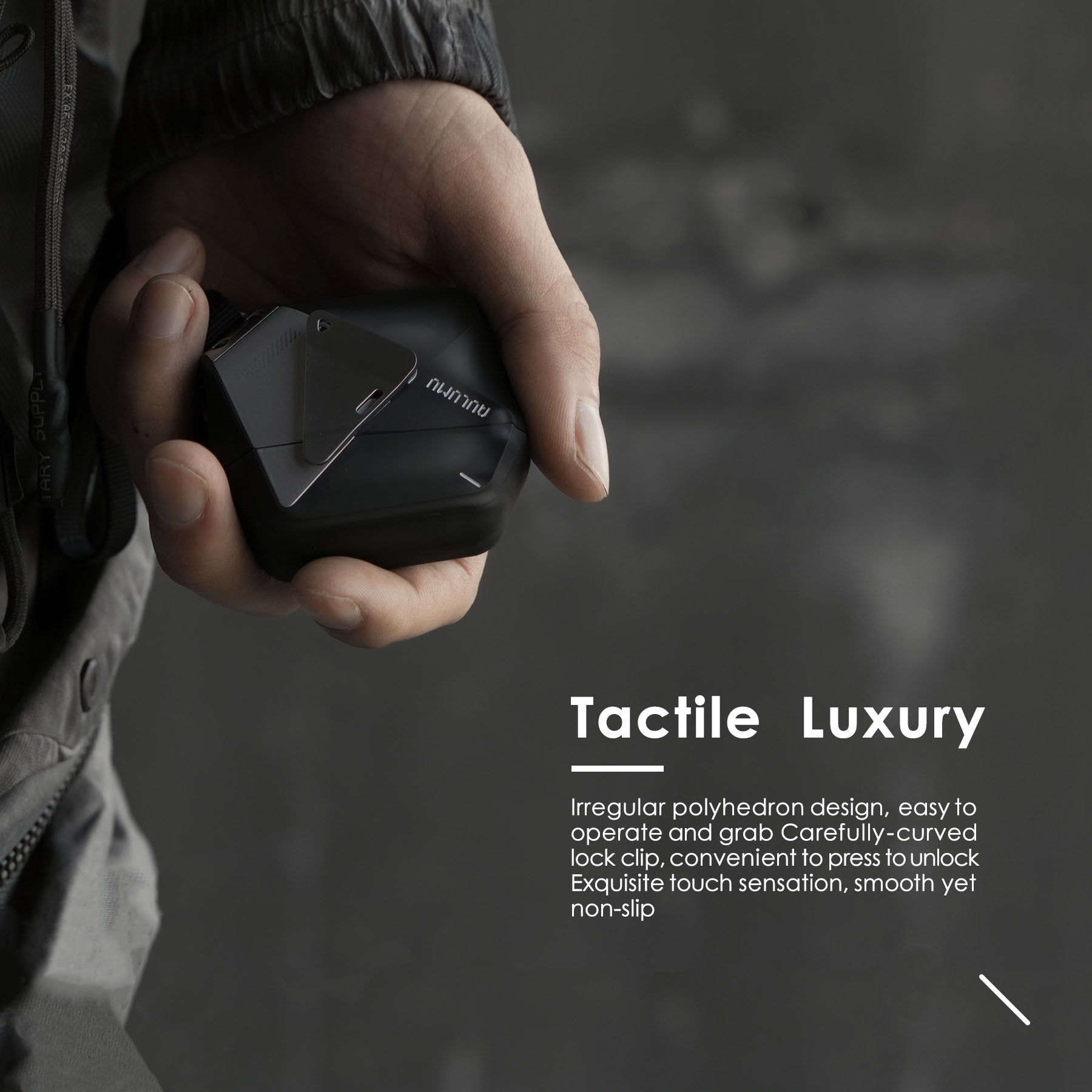 Person holding AULUMU A29 geometric case for AirPods 4 demonstrating tactile luxury and ergonomic grip