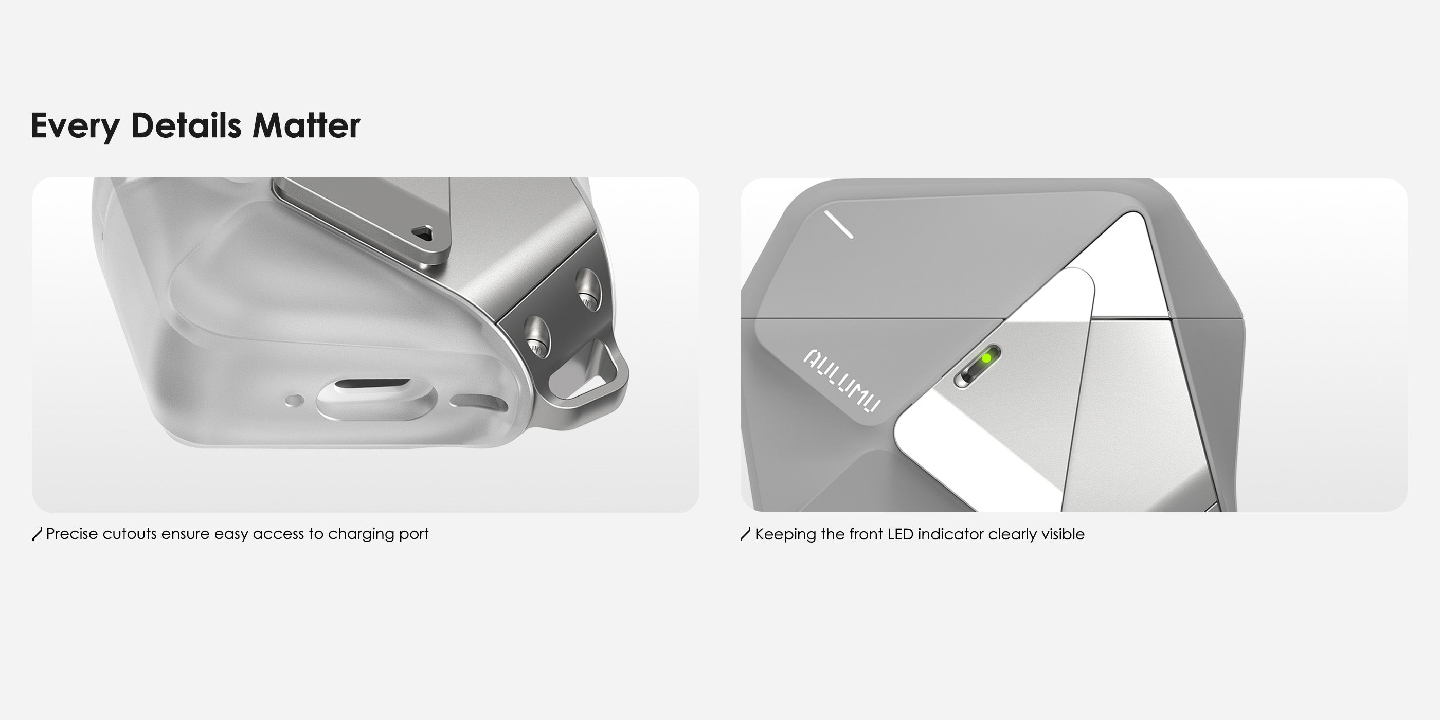 Detail views of AULUMU A29 geometric case for AirPods 4 with precise charging port cutout and clearly visible front LED indicator