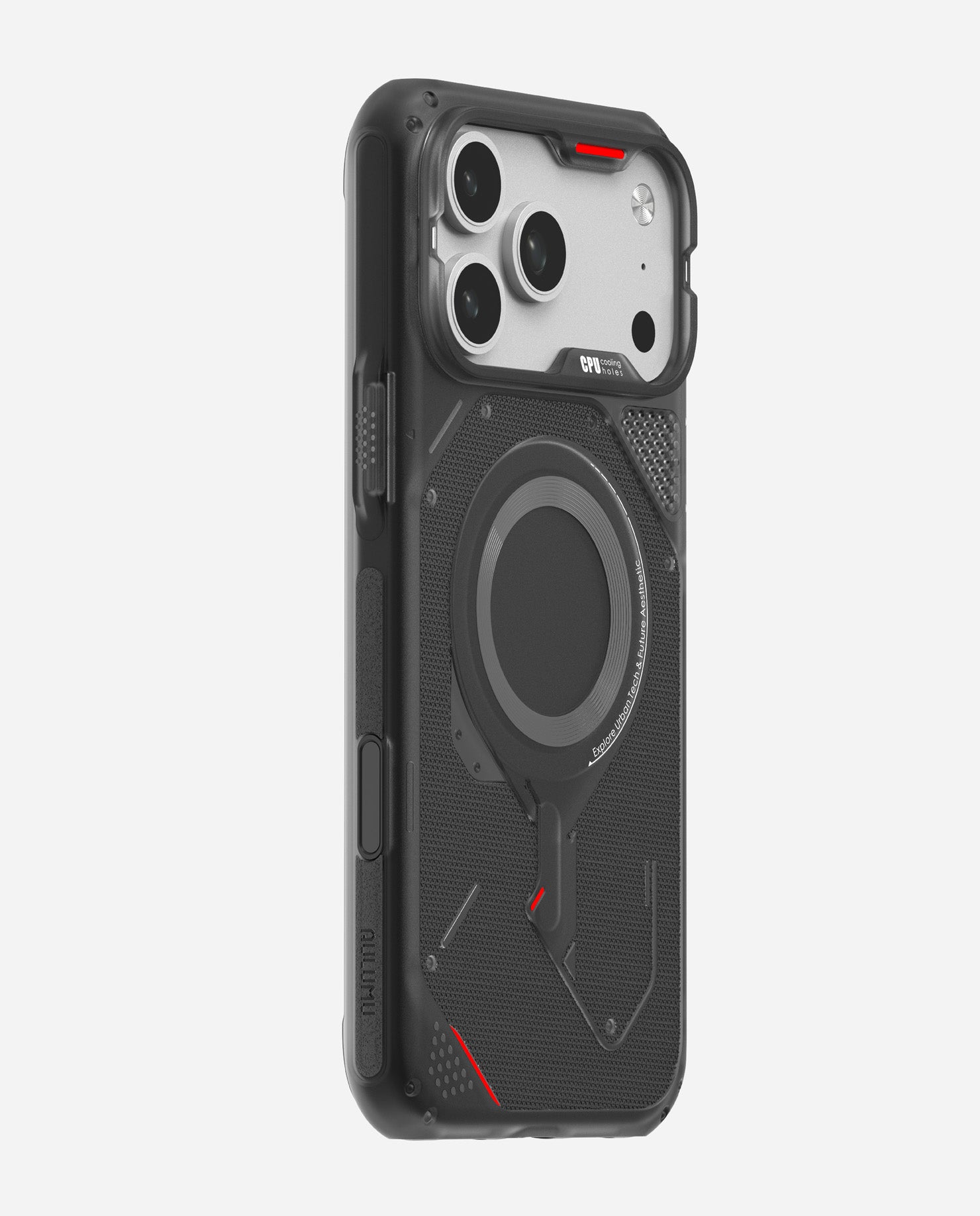 iPhone 17 Pro / Pro Max 三分之二后视图，置于AULUMU A17户外防摔MagSafe保护壳中