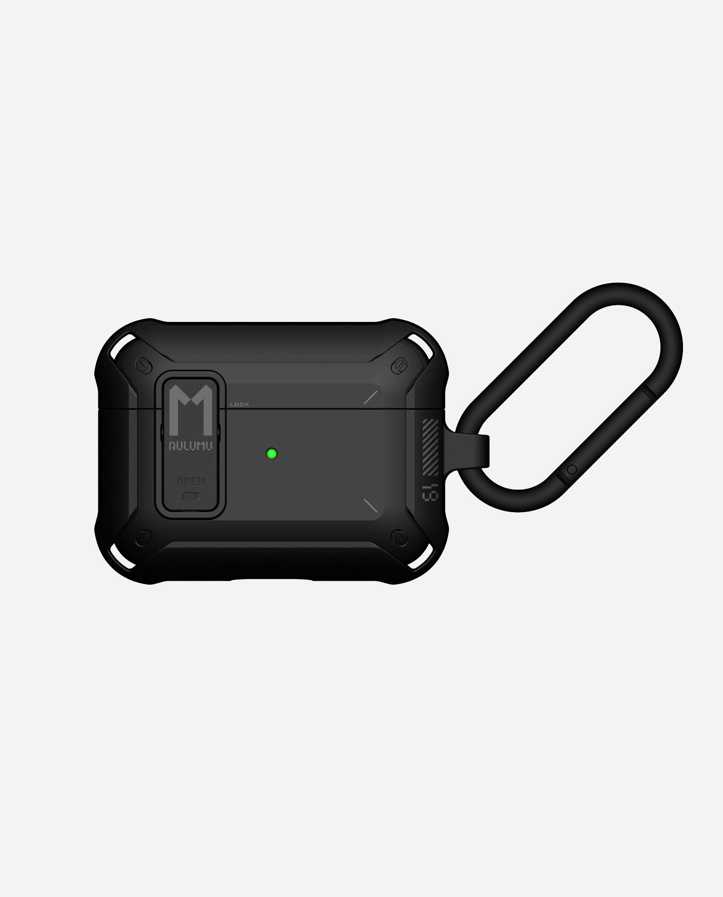 AULUMU A19 AirPods Pro case with lock and keychain, front view showing full-body TPU shell and status light
