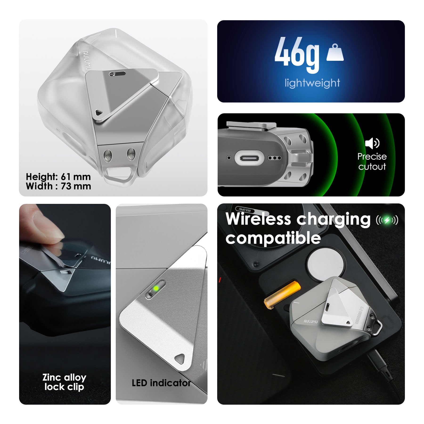 Feature collage of AULUMU A29 Geometric Case for AirPods 4 highlighting lightweight design, precise cutouts, lock, LED indicator and wireless charging.