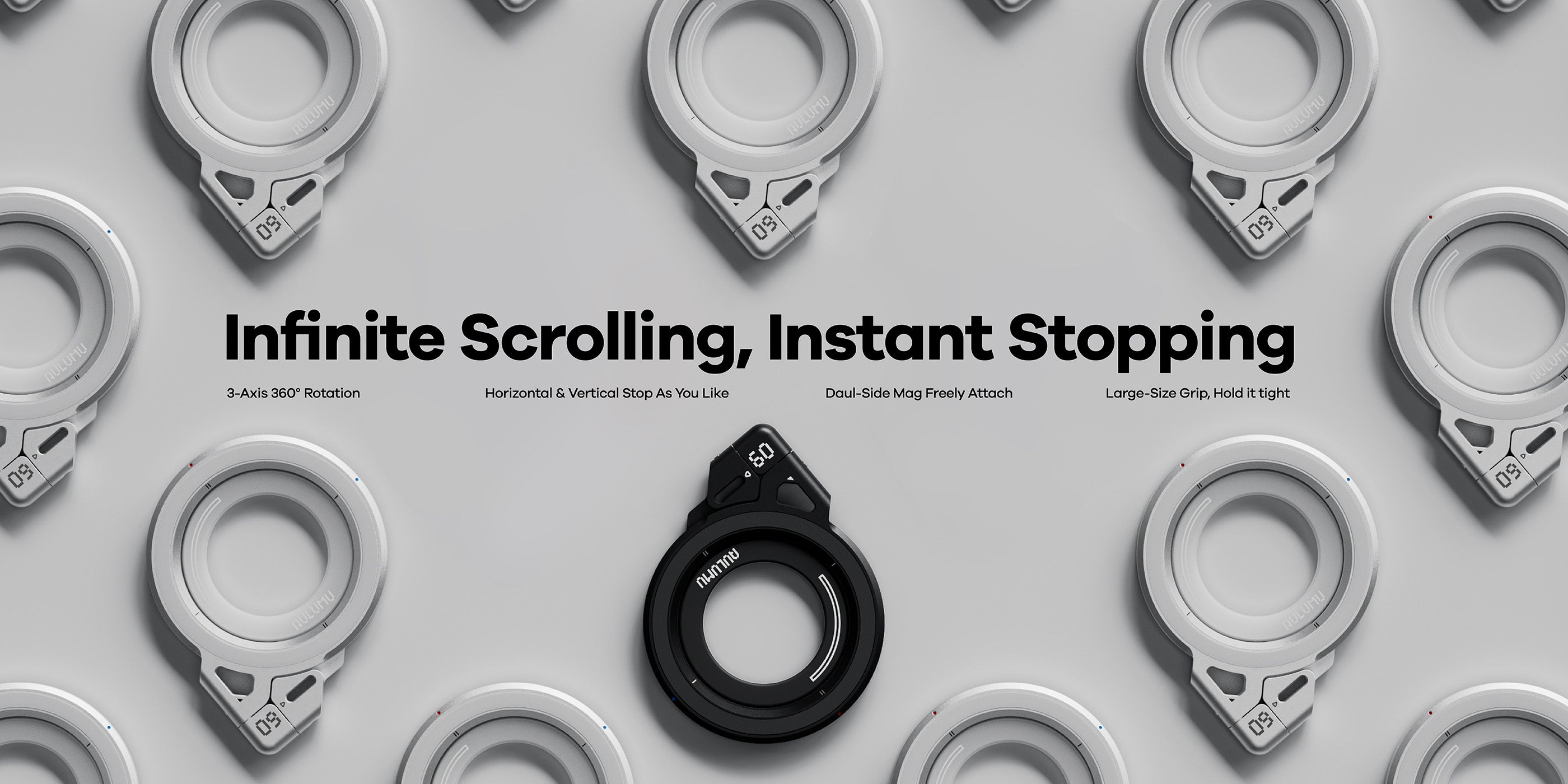 black and silver aulumu G09 Infinite 360° MagSafe stands around text Infinite Scrolling Instant Stopping