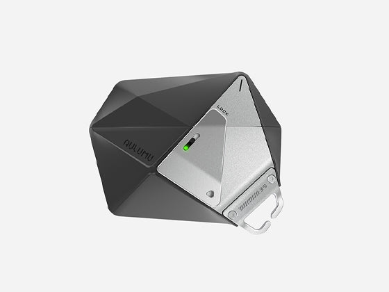 AULUMU A39 geometric AirPods Pro 3 case with metallic lock suspended against a futuristic background with red laser beams.
