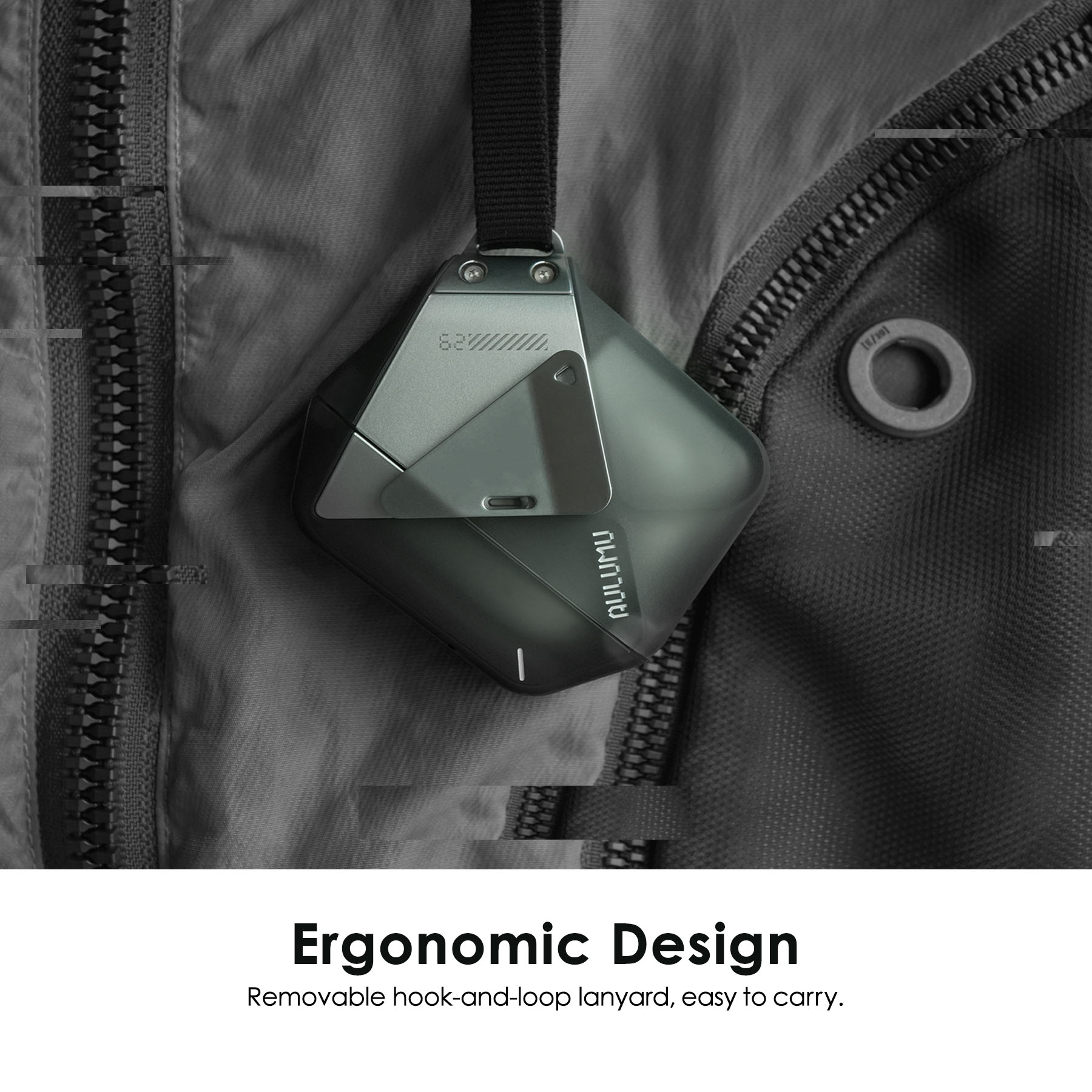 AULUMU A29 geometric case for AirPods 4 hanging from a jacket with removable hook-and-loop lanyard, ergonomic for everyday carry