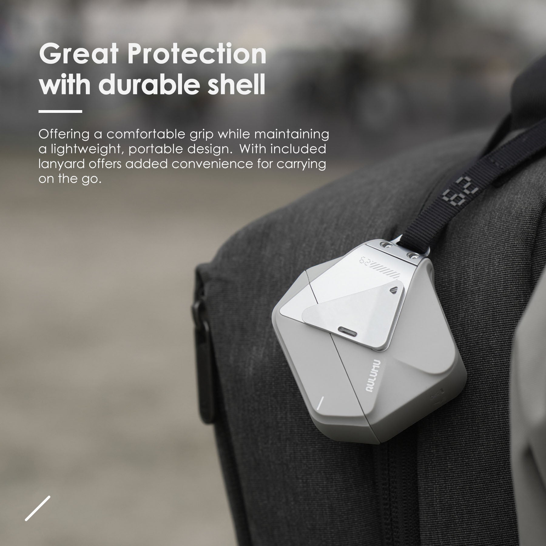 AULUMU A29 Geometric Case for AirPods 4 clipped to a backpack strap with lock and lanyard, showing durable shell protection.