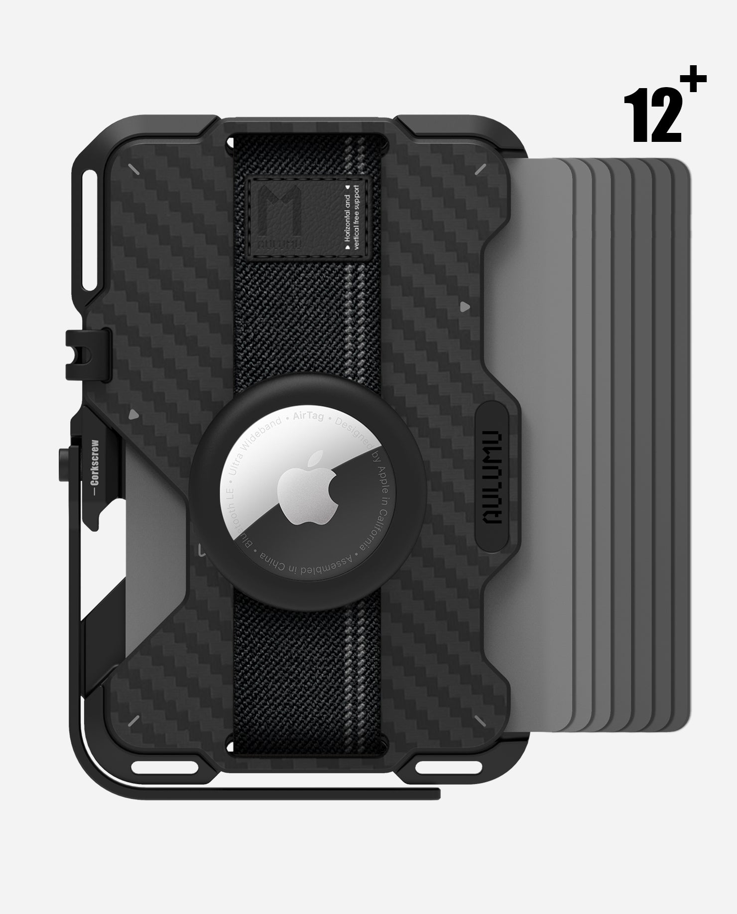 AULUMU G03 carbon fiber MagSafe wallet with removable AirTag holder and a stack of over 12 cards