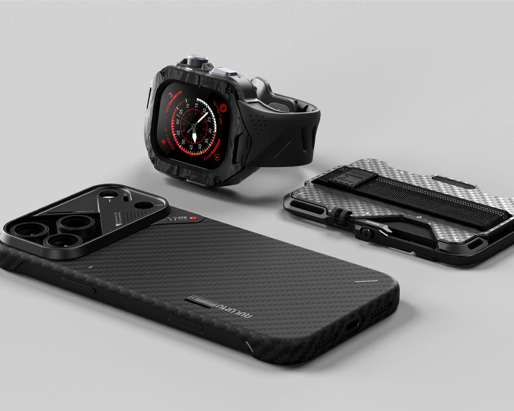 AULUMU carbon fiber iPhone case, rugged smartwatch band and G03 displayed together on a gray background.
