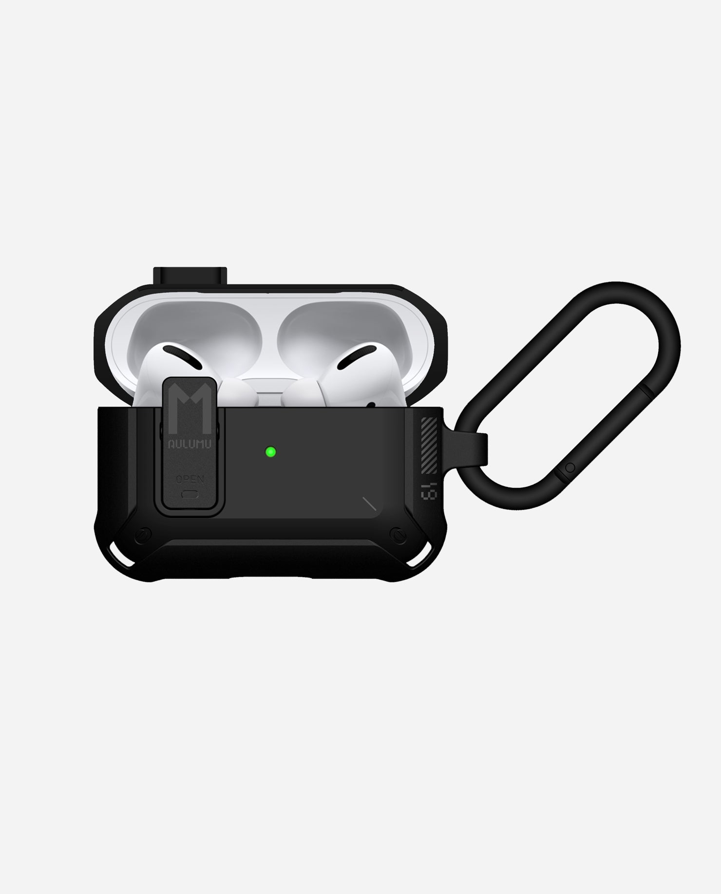 Angled front view of AULUMU A19 AirPods Pro case with lock and keychain, rugged corners and visible LED indicator