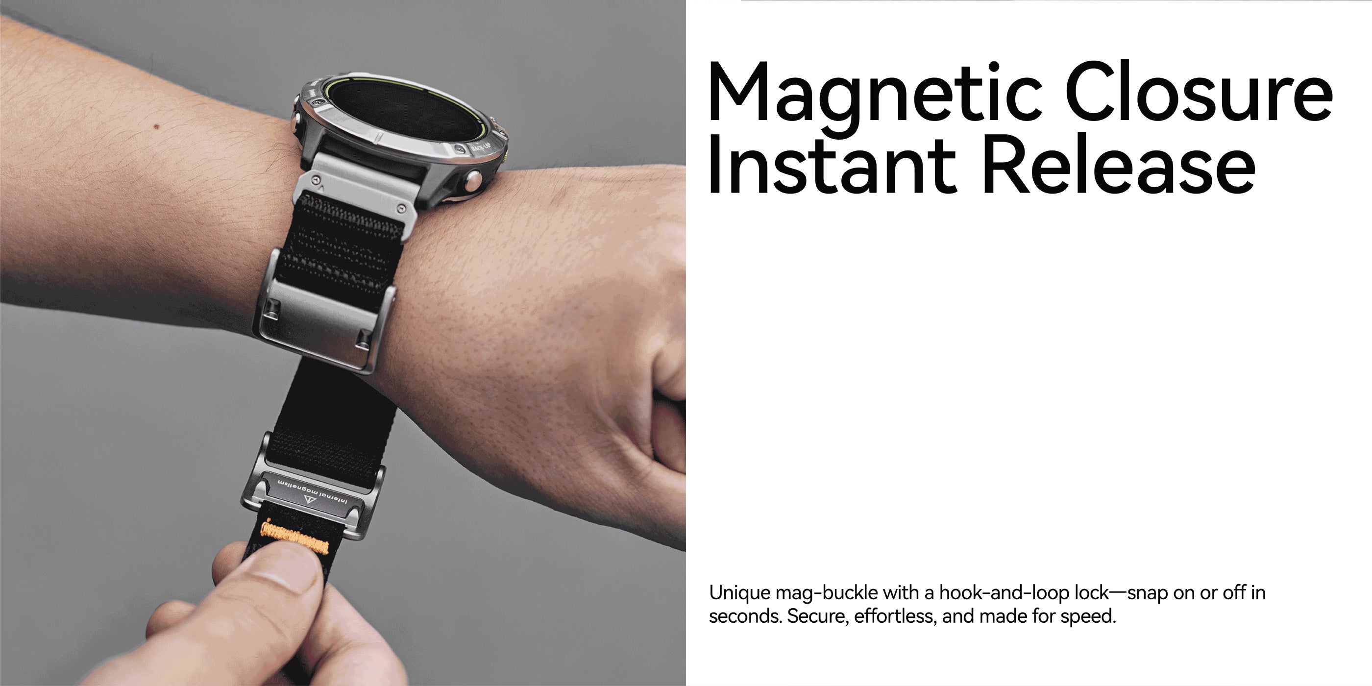 Magnetic quick-release buckle of AULUMU C11 Slim Band being opened on a Garmin watch